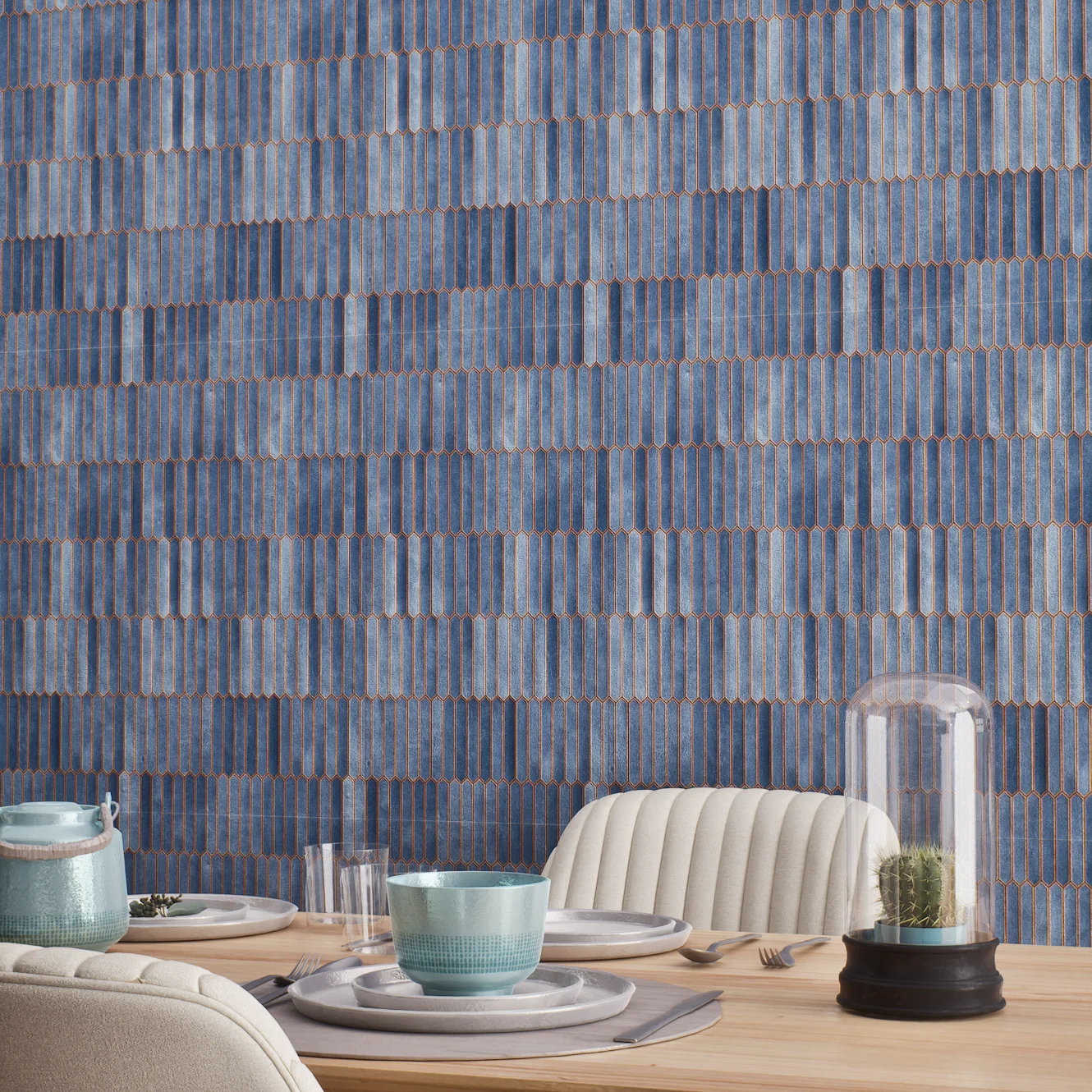 Elegant Dining Area with Blue Textured Tile Wall | Material Depot