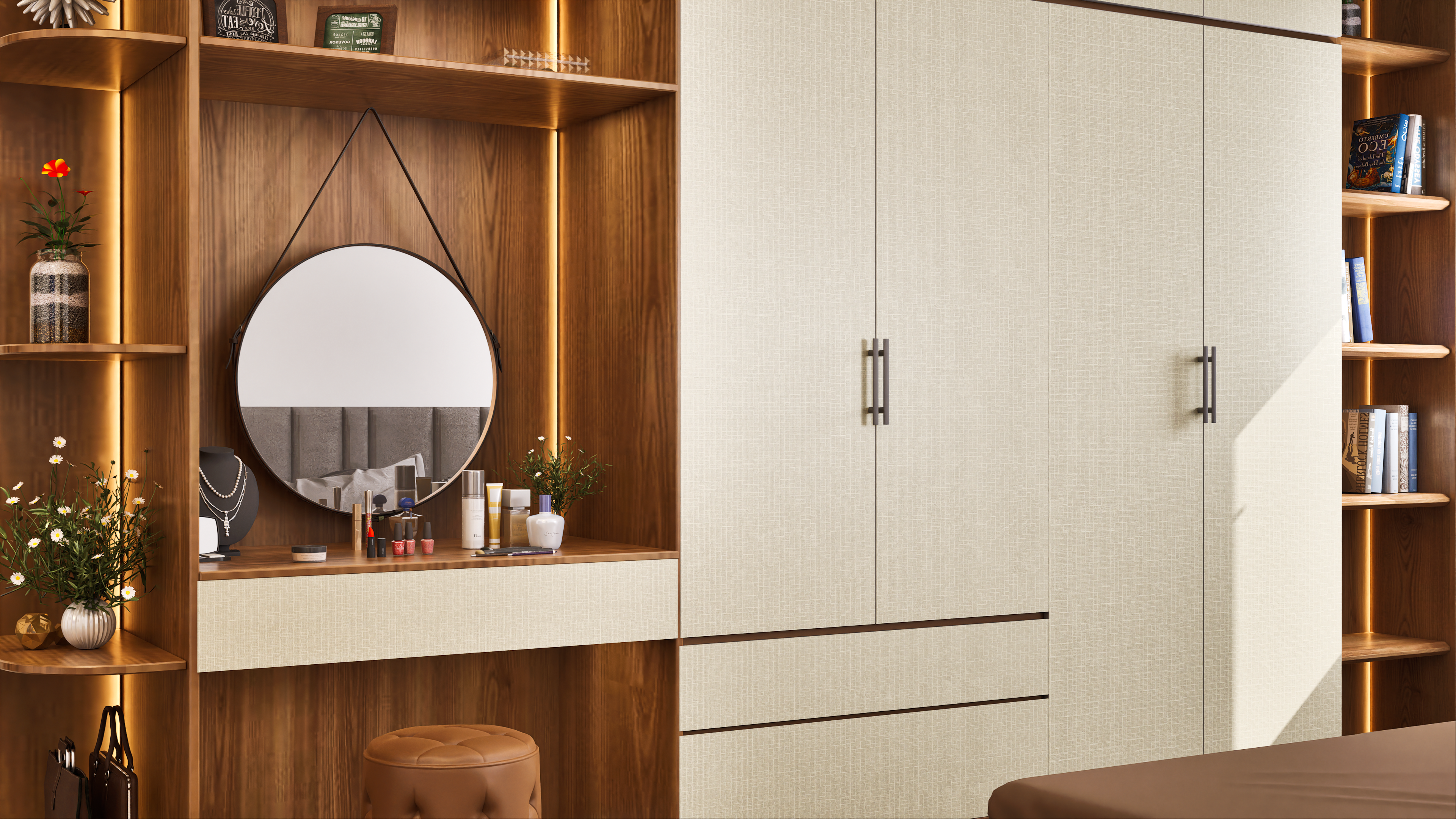 Elegant Dressing Unit with Textured Wardrobe and Illuminated Wooden Shelves | Material Depot