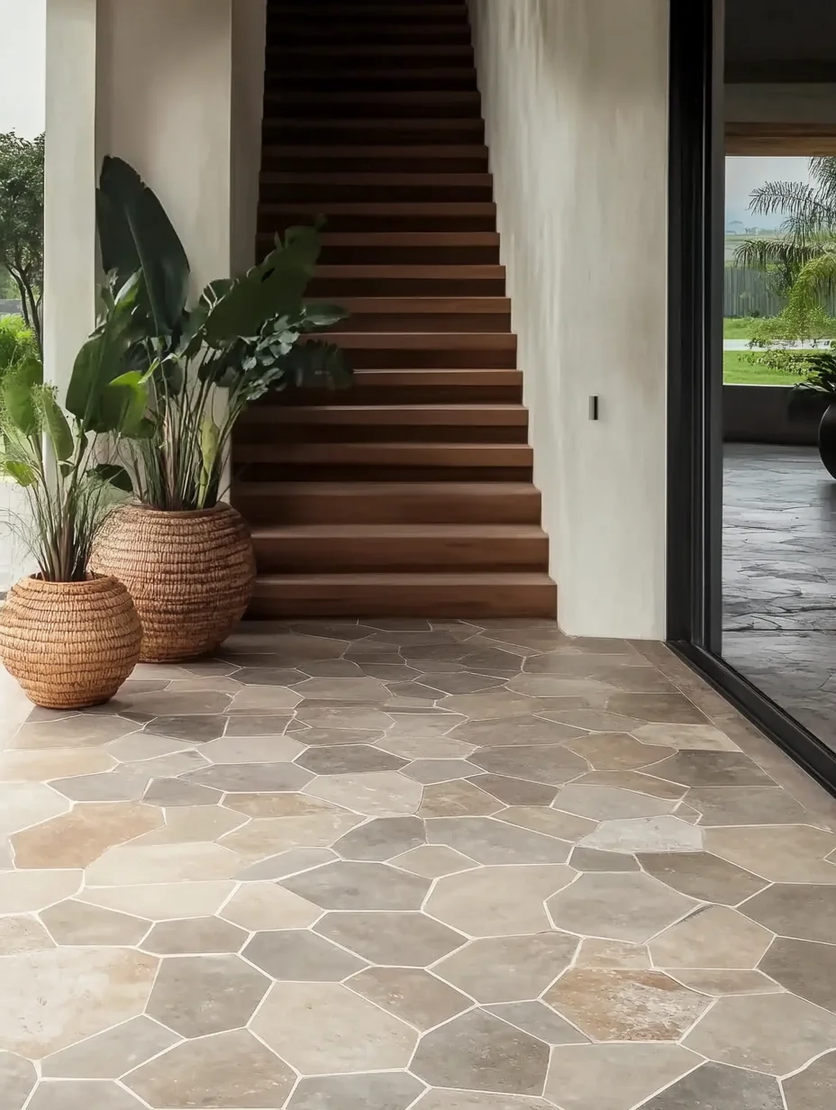 Elegant Foyer with Neutral Hexagonal Stone Tiles and Wooden Staircase | Material Depot