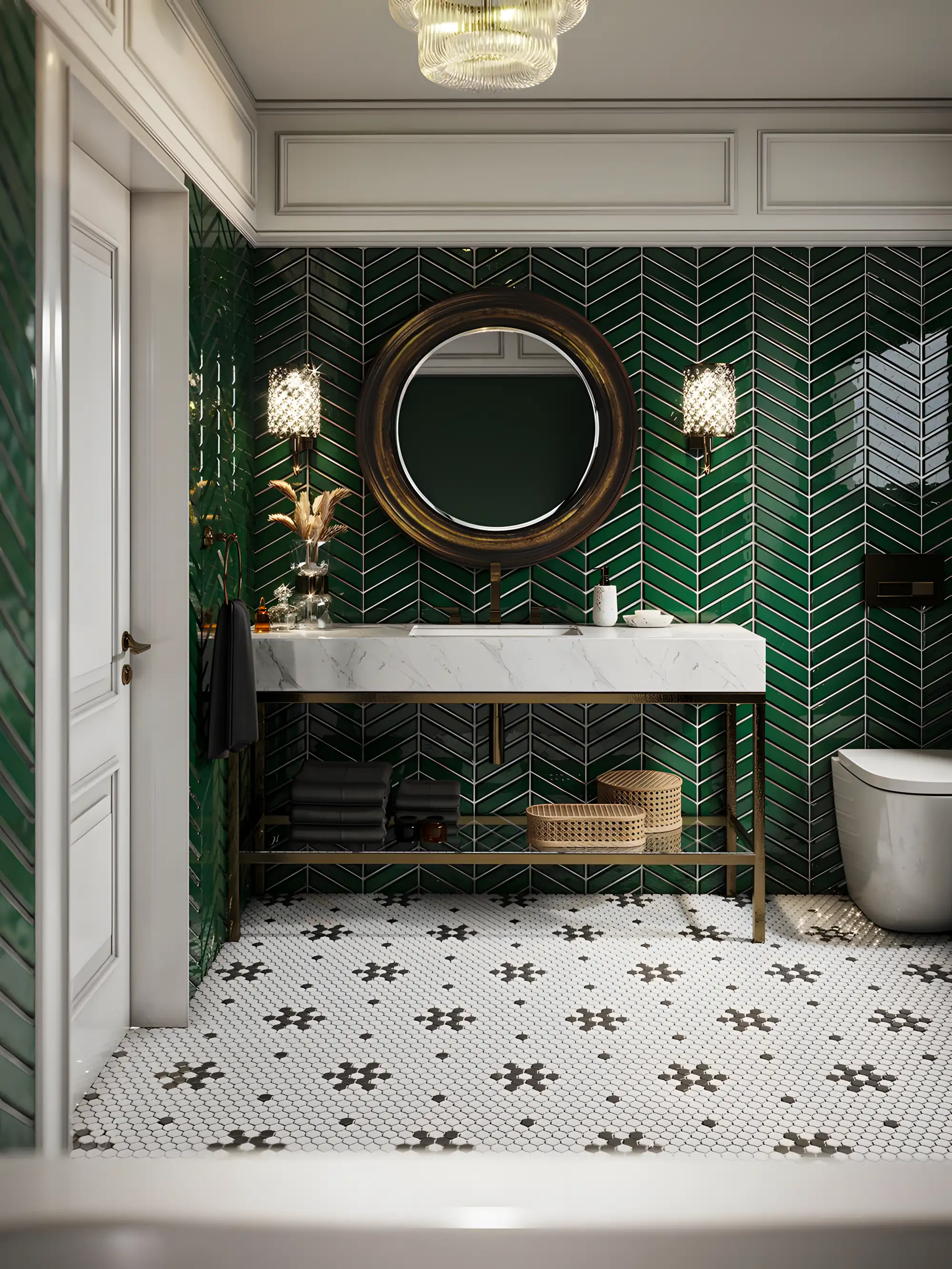 Elegant Green Herringbone Bathroom | Material Depot