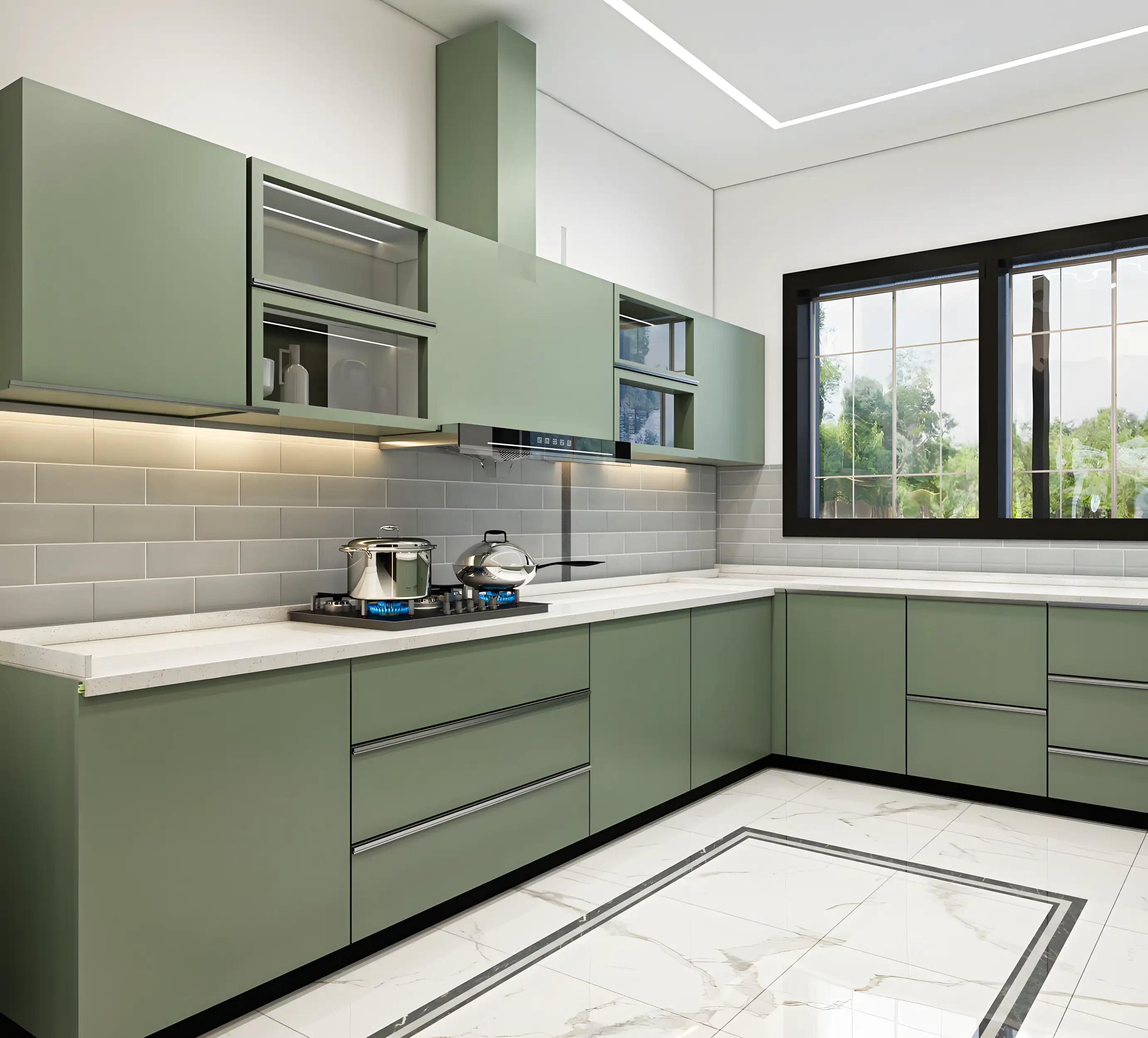 Elegant Green Laminate With Grey Subway Tiles | Material Depot