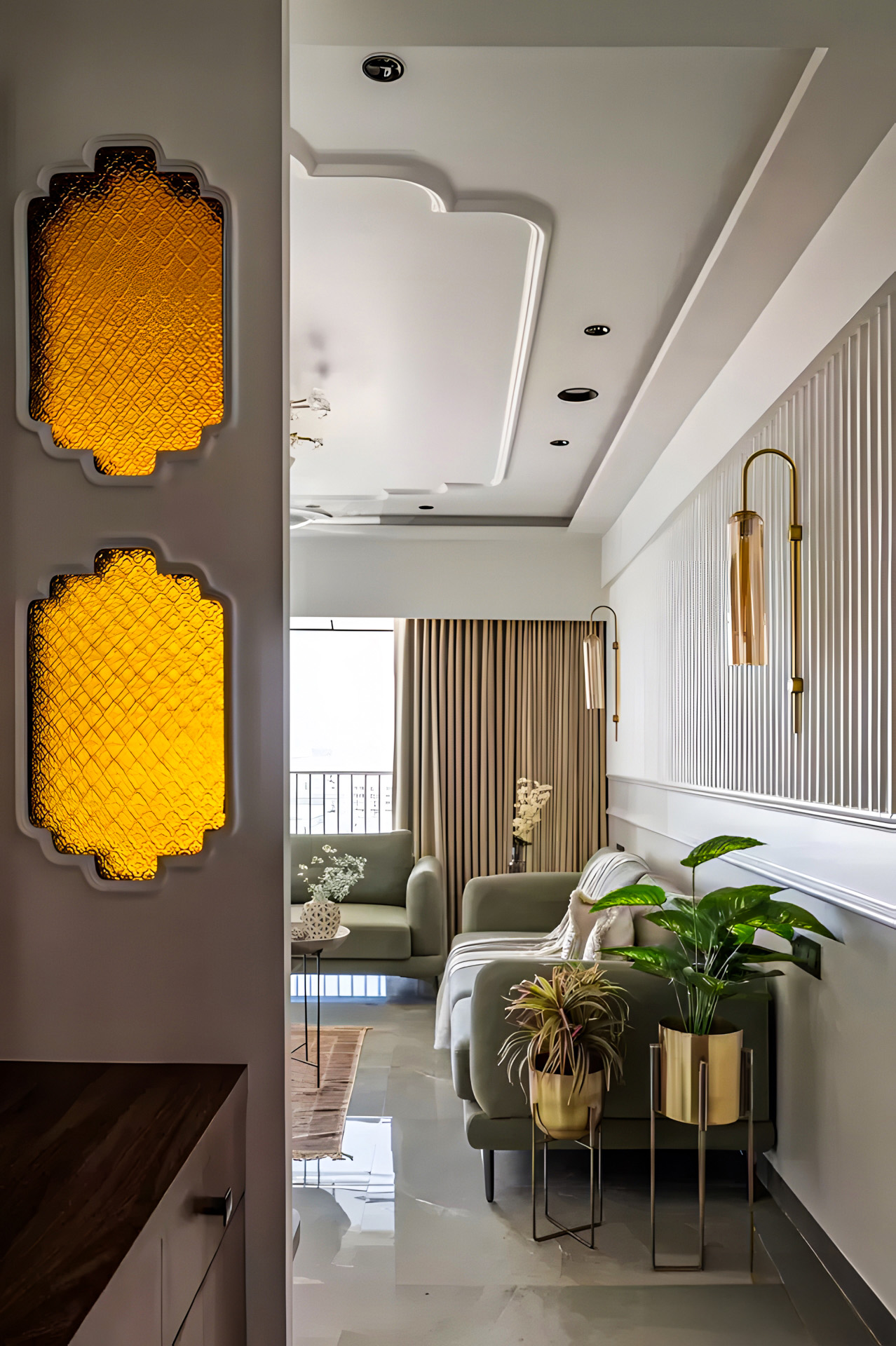 Elegant Hallway with Honeycomb Accent Mirrors and Soft Green Lounge Area | Material Depot