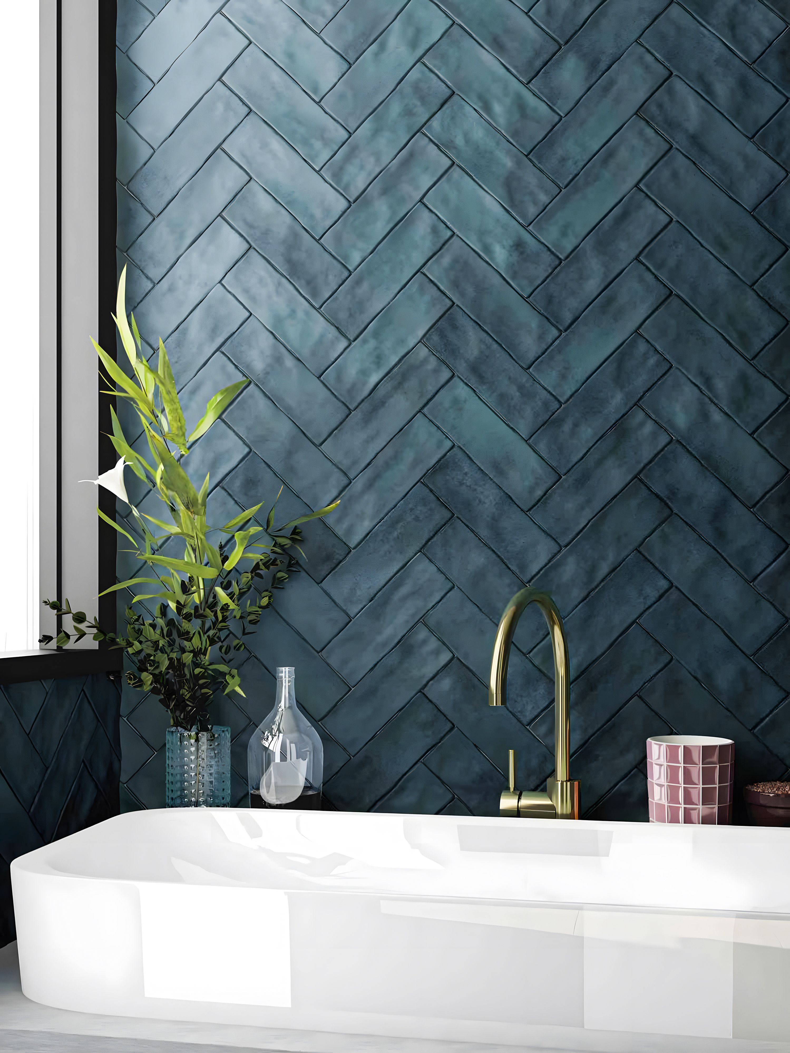 Elegant Herringbone: Chic Bathroom with Teal Tiles | Material Depot