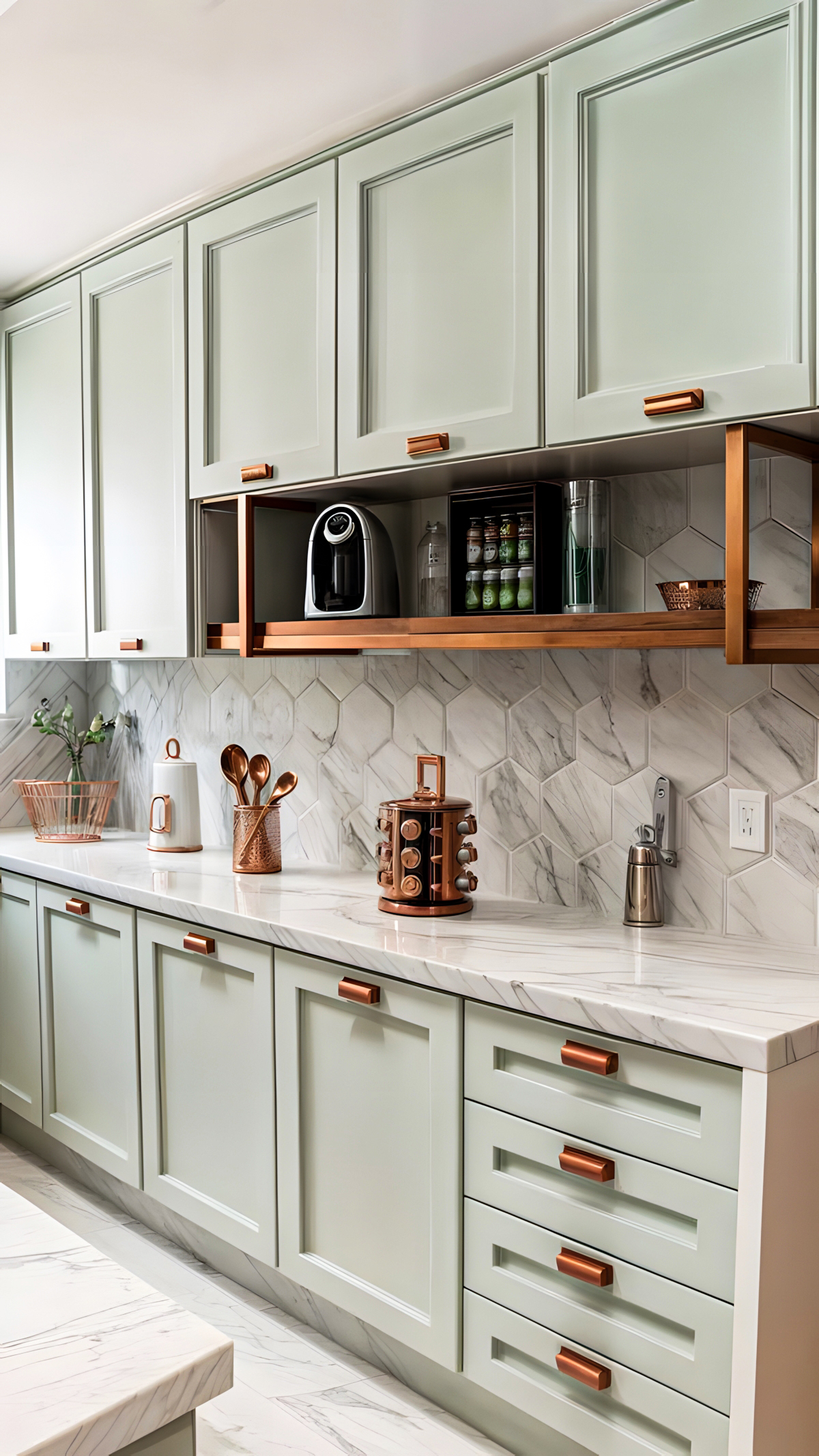 Elegant Kitchen Design Featuring Mint Green Cabinets, Marble Countertops, and Stylish Copper Accents | Material Depot