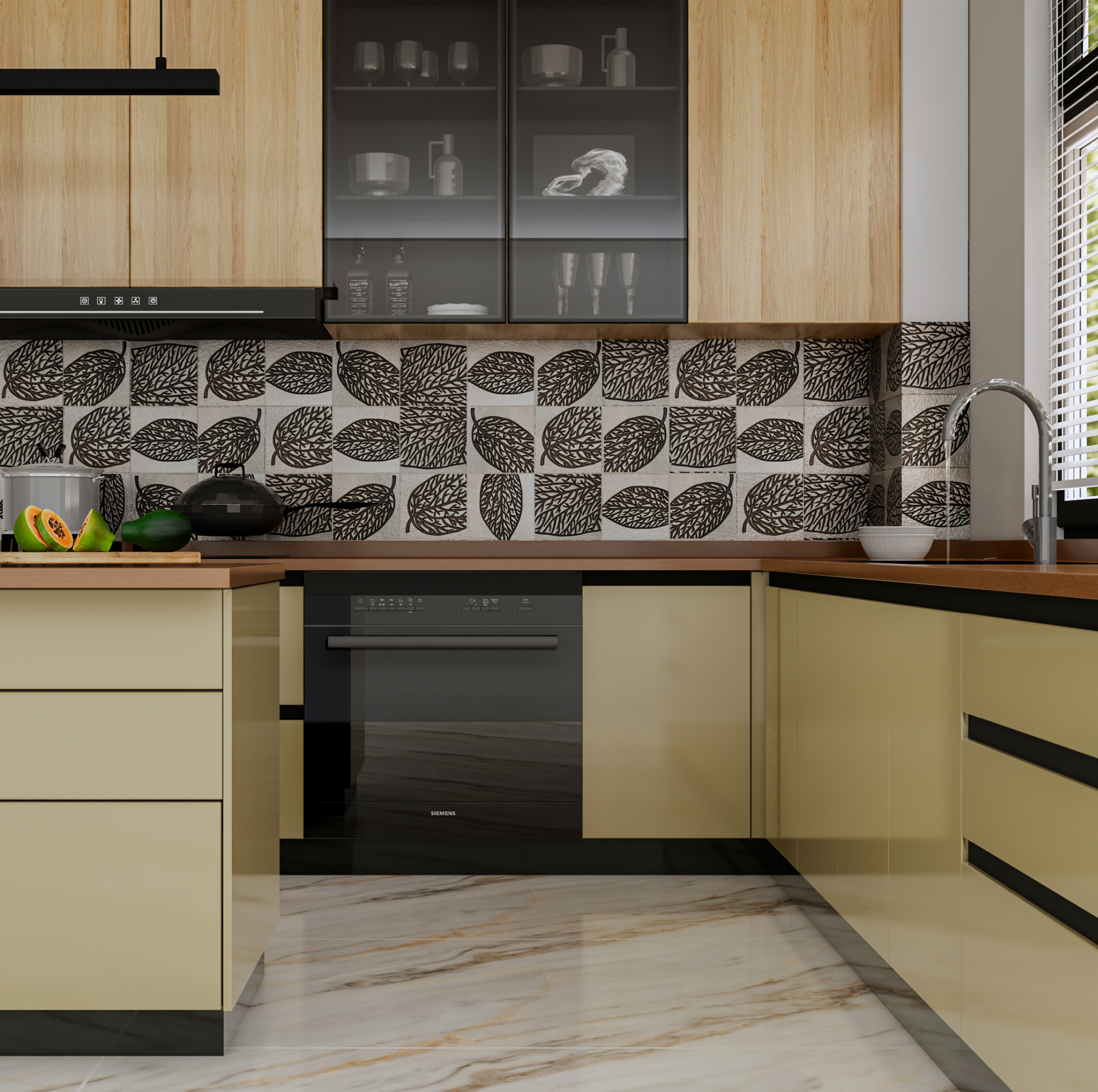 Elegant Kitchen with Beige Cabinets and Leaf Patterned Backsplash | Material Depot