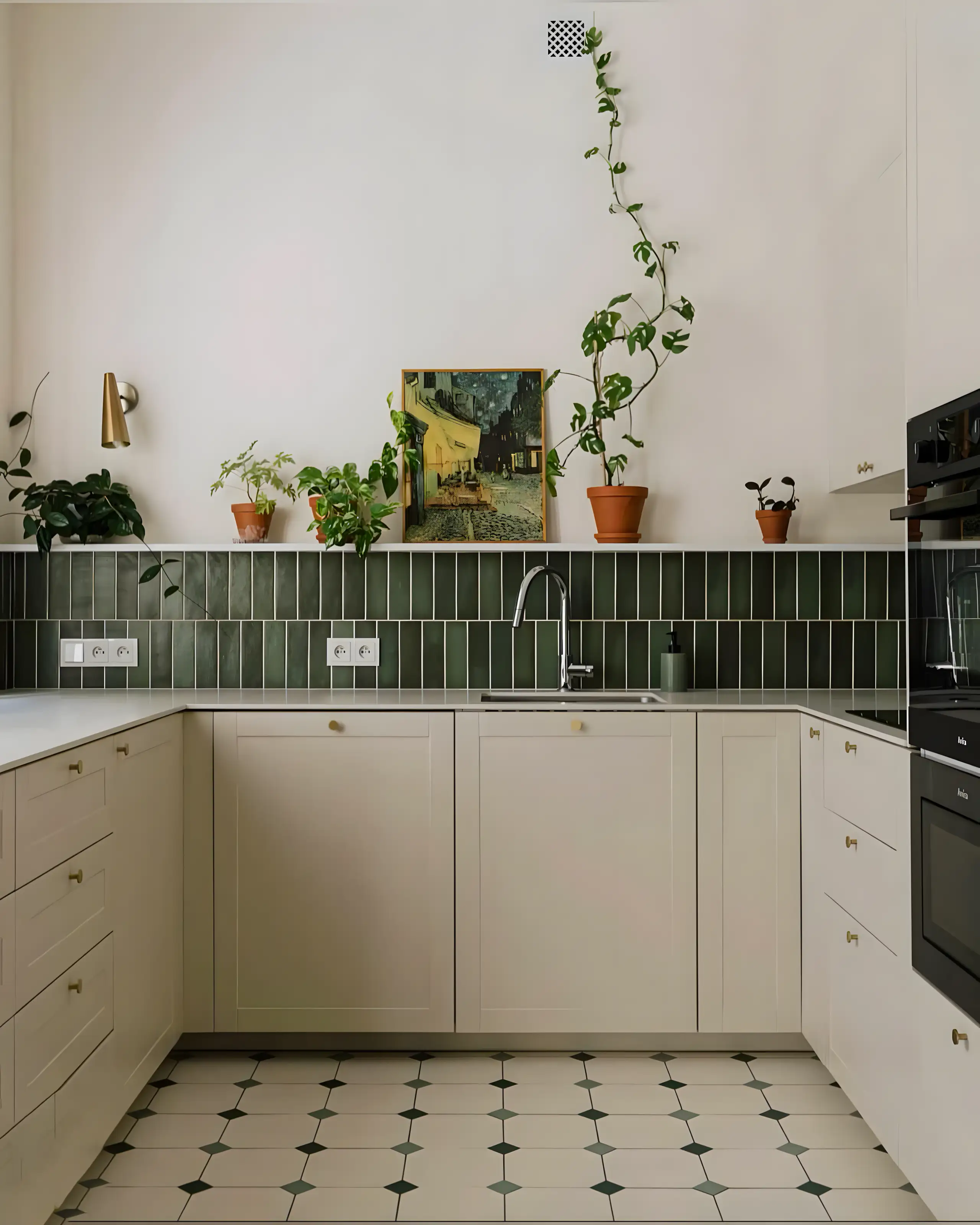 Elegant Kitchen with Green Subway Tiles and Patterned Flooring | Material Depot