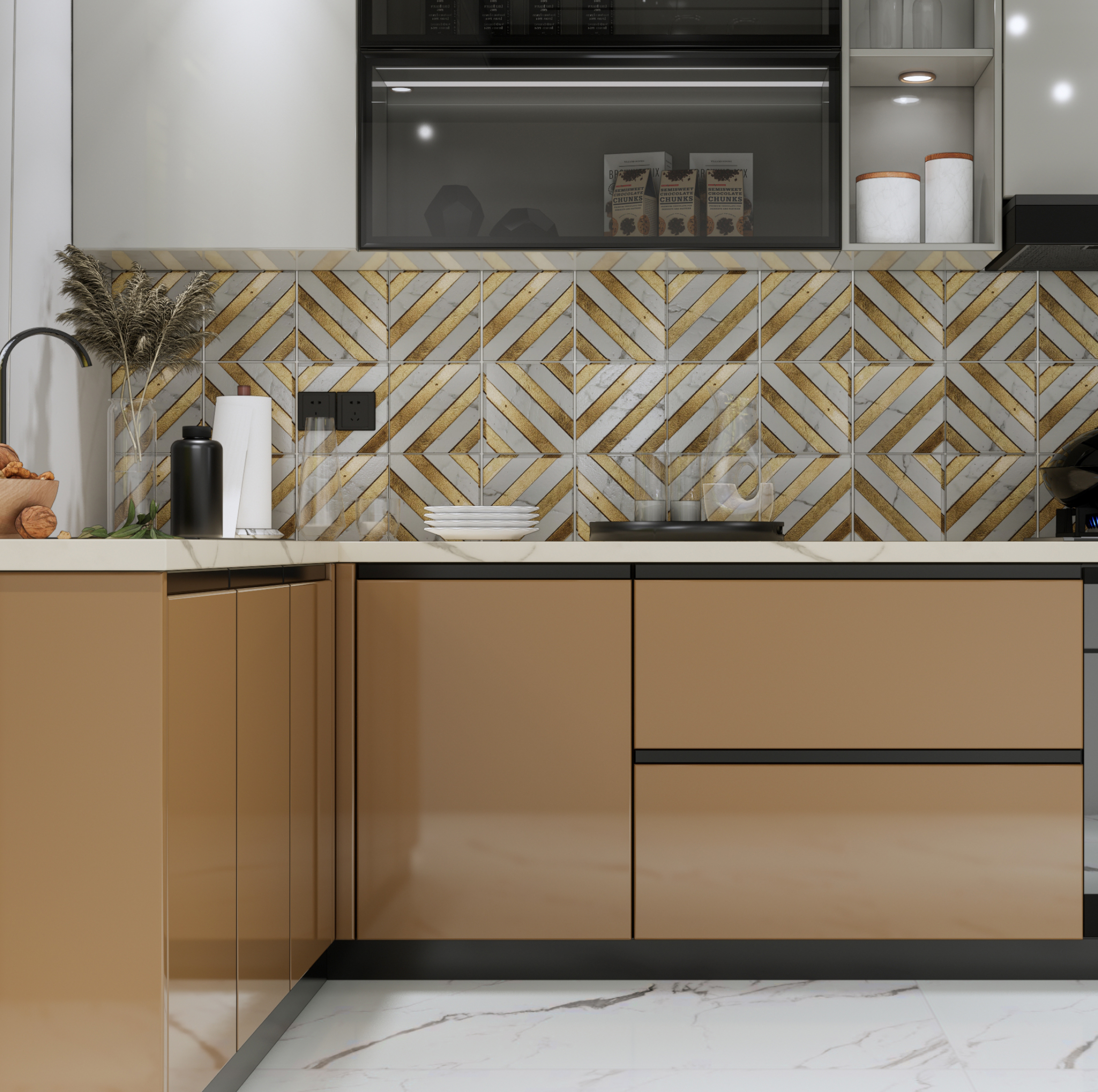 Elegant Kitchen with Handcrafted Highlighter Tiles and Glossy Beige Cabinets | Material Depot