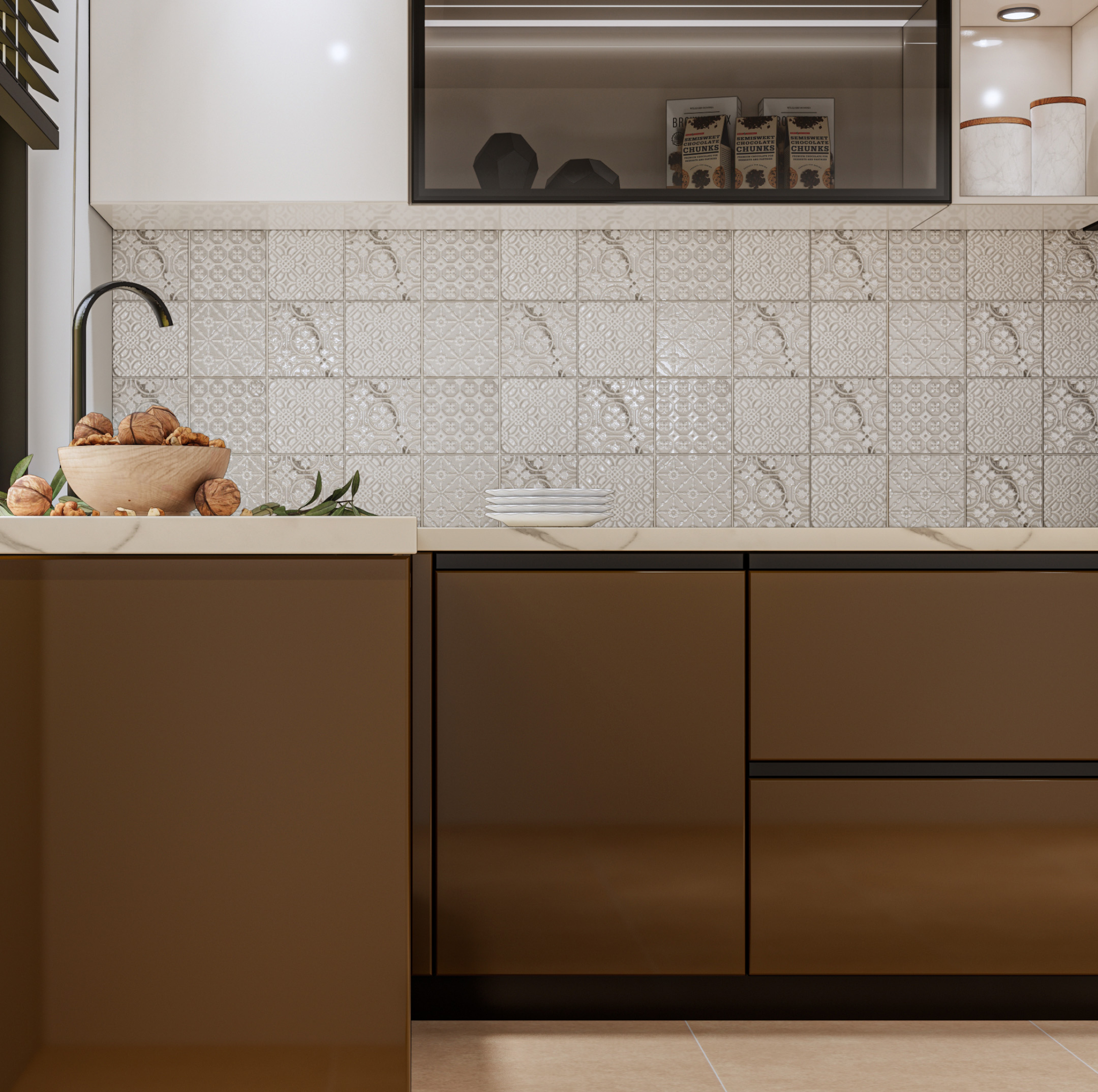 Elegant Kitchen with Handcrafted Highlighter Tiles and Warm Brown Cabinets | Material Depot