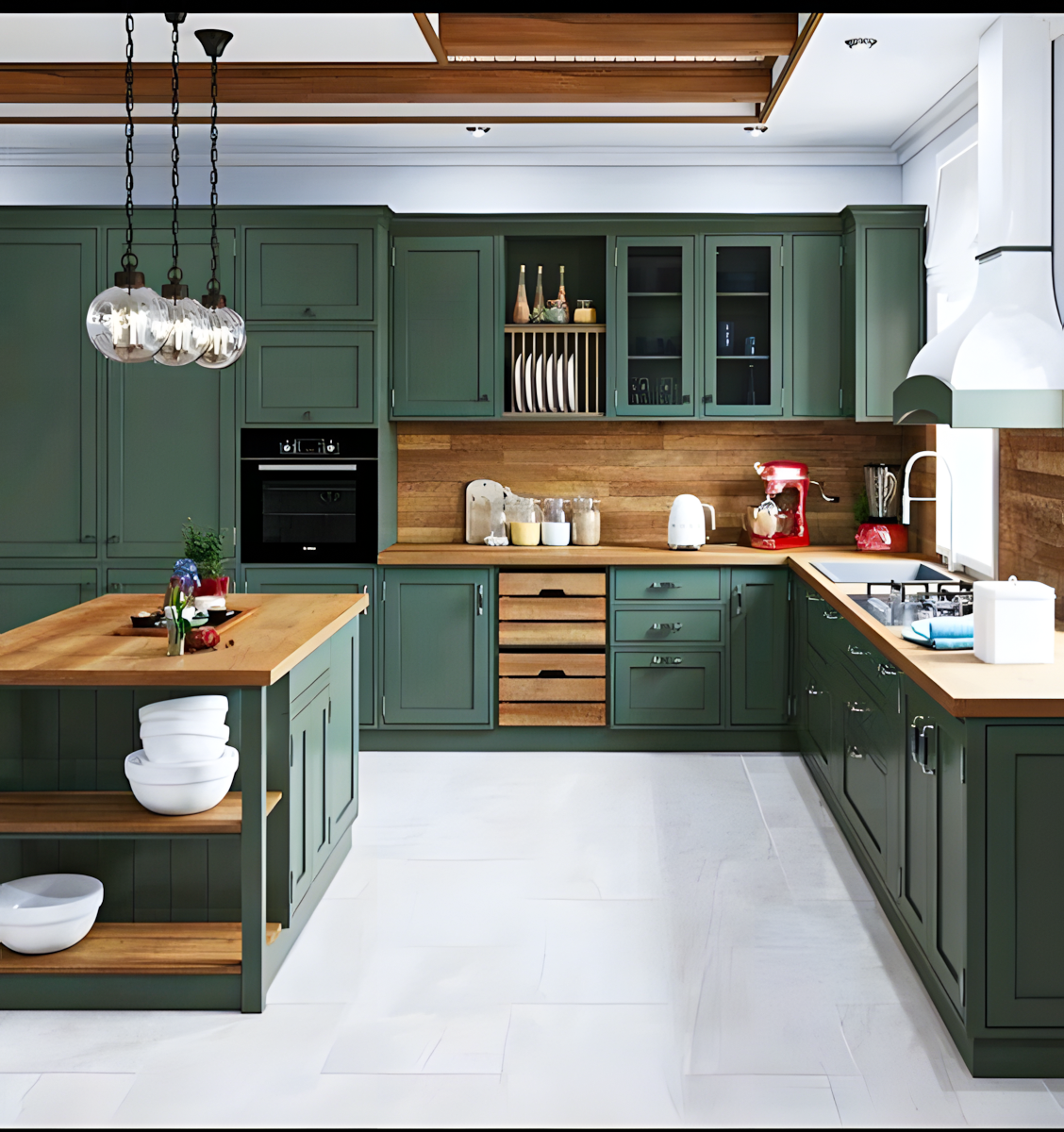 Elegant kitchen with sage green cabinets, wood countertops, and white stone flooring | Material Depot