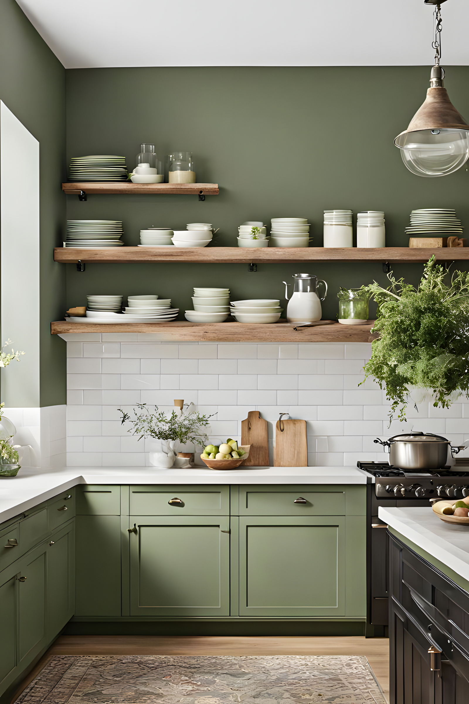 Elegant kitchen with soft green cabinetry, wood accents, and white subway tiles for a serene vibe. | Material Depot