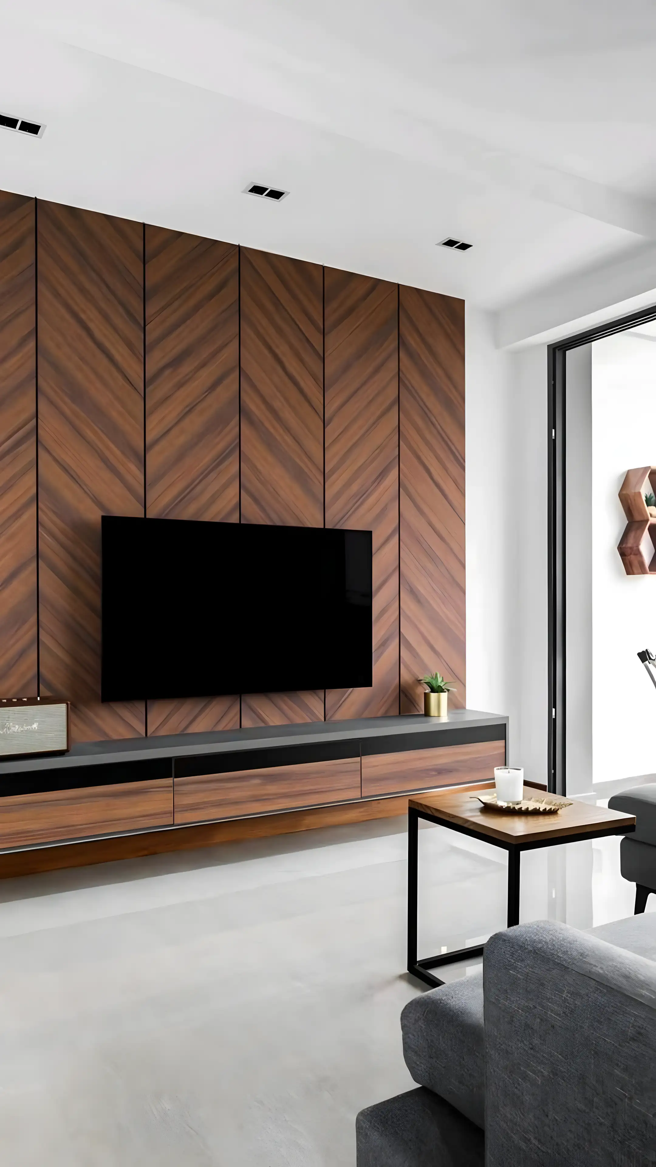 Elegant Living Room with Chevron Wood Accents | Material Depot