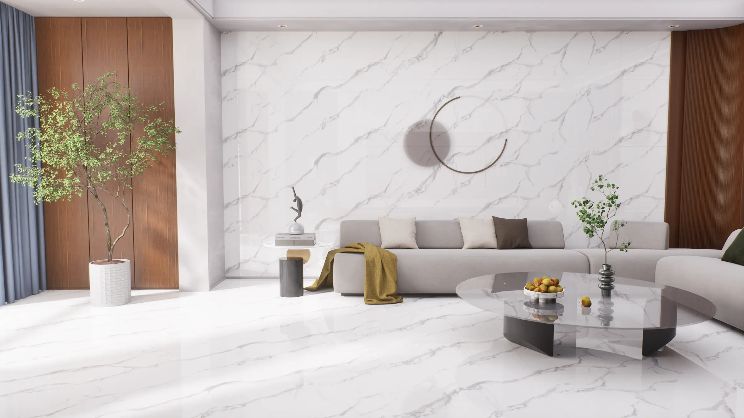 Elegant Living Room with Statuario Tile Flooring and Wall | Material Depot