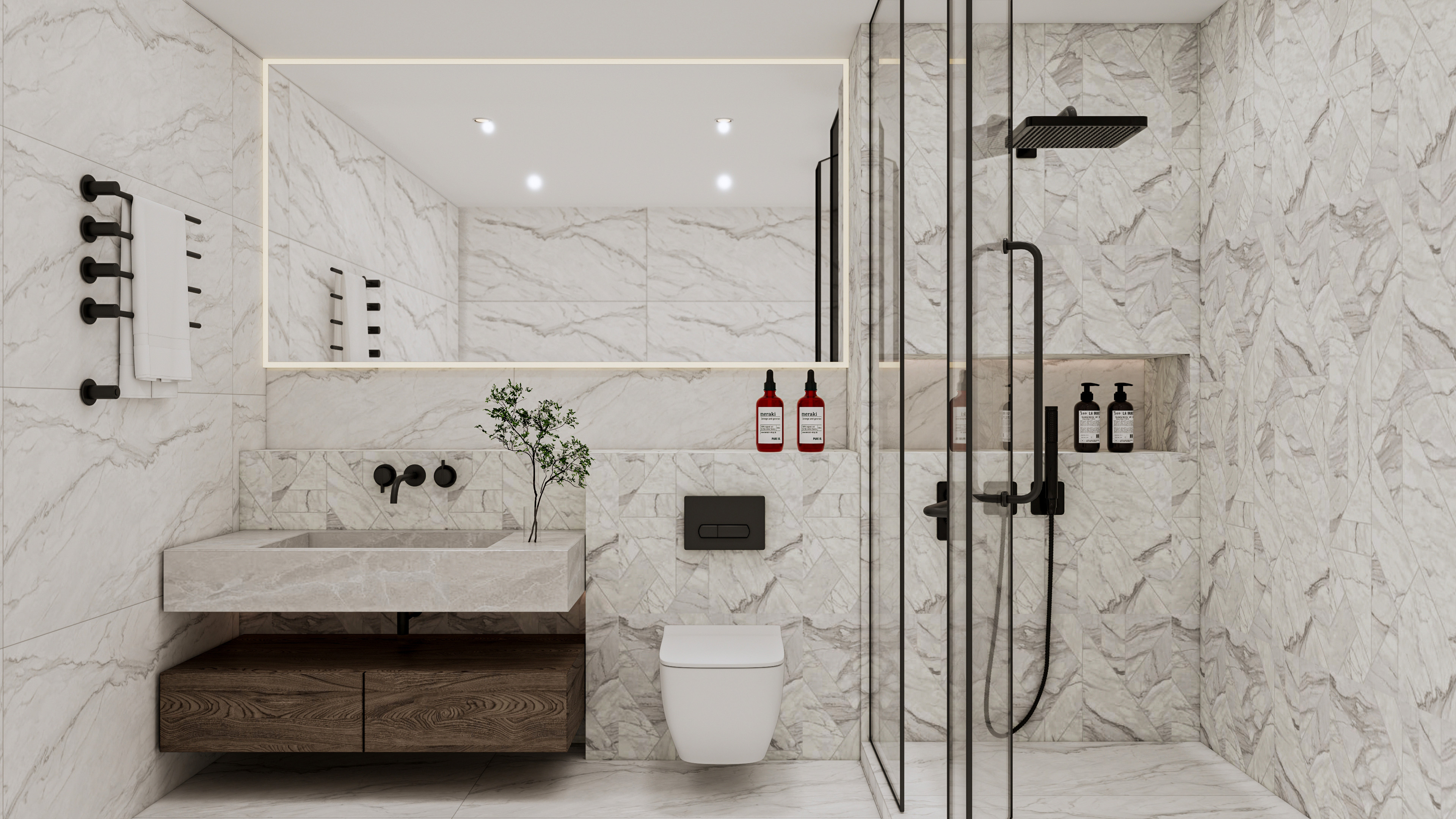 Elegant Marble Bathroom with Geometric Accent Walls | Material Depot