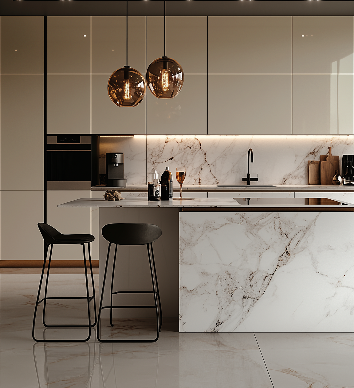 Elegant Marble-Themed Kitchen with Glossy Cabinets and Pendant Lighting | Material Depot