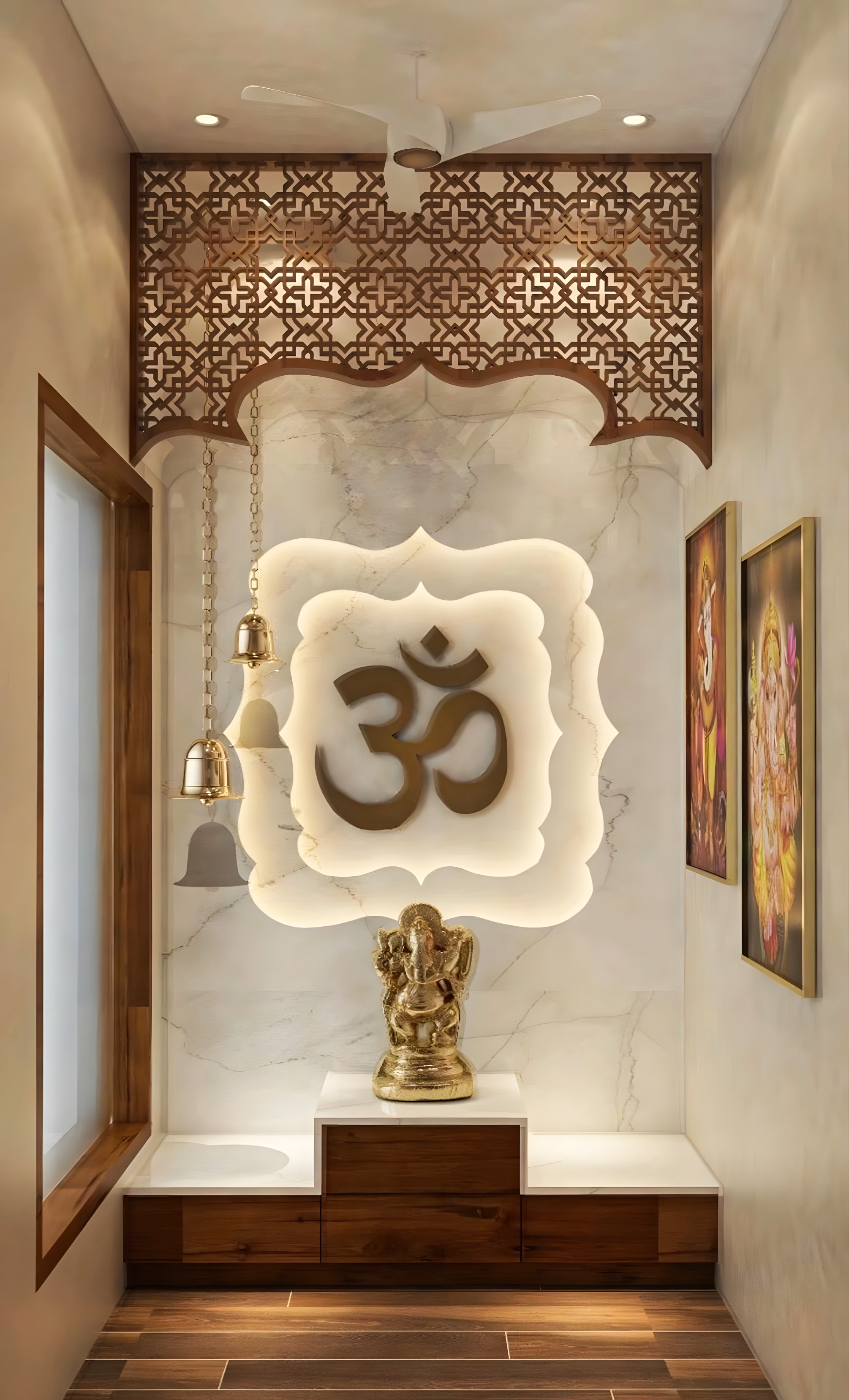 Elegant Marble Pooja Room with Wooden Accents and Intricate Ceiling | Material Depot