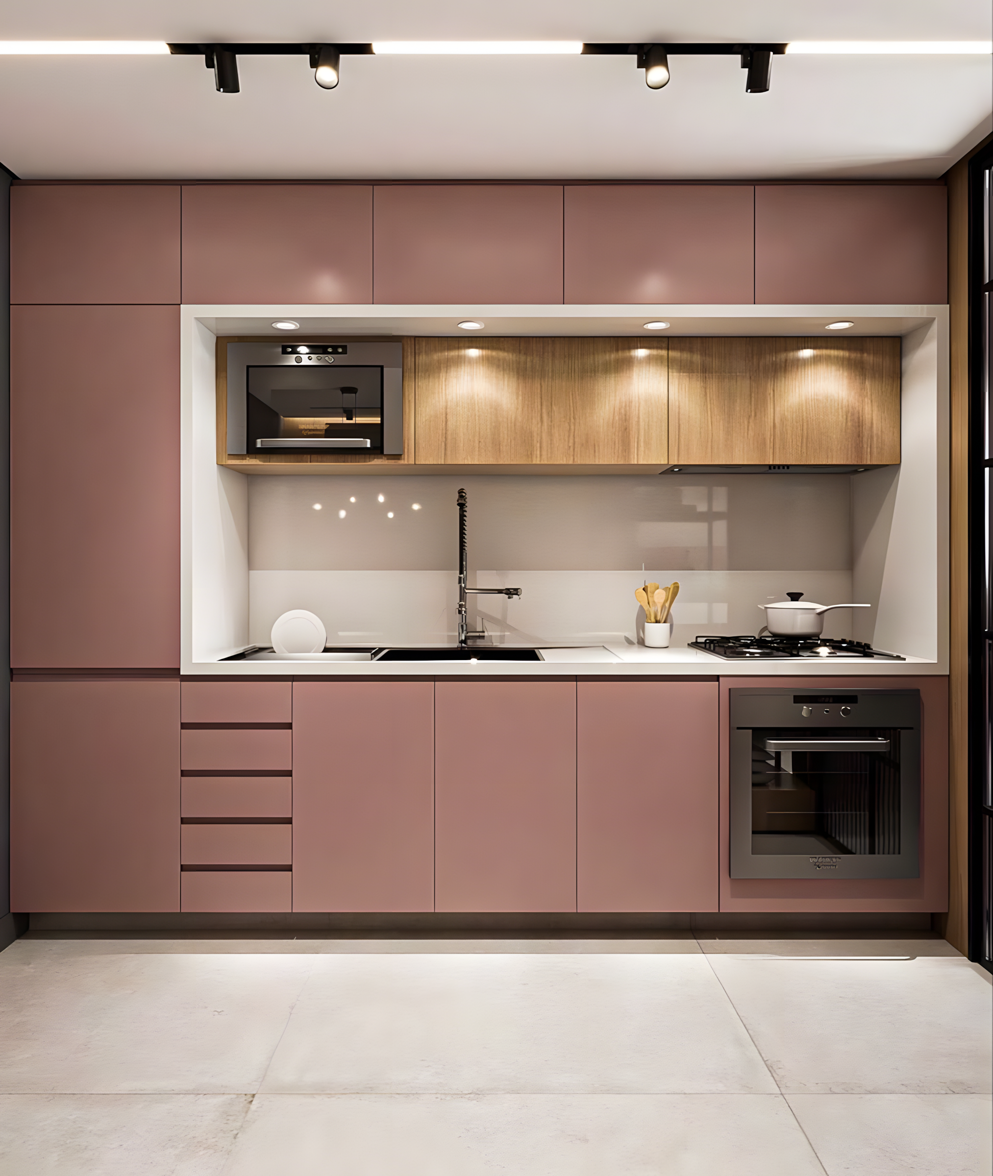 Elegant Matte Pink And Wood Kitchen | Material Depot