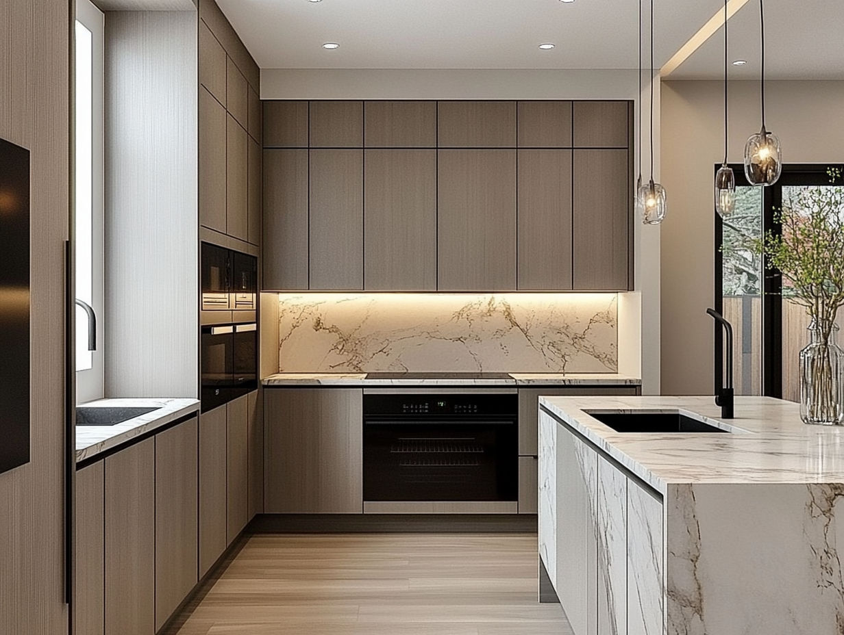 Elegant Minimalist Kitchen Design with Marble Features and Modern Lighting | Material Depot