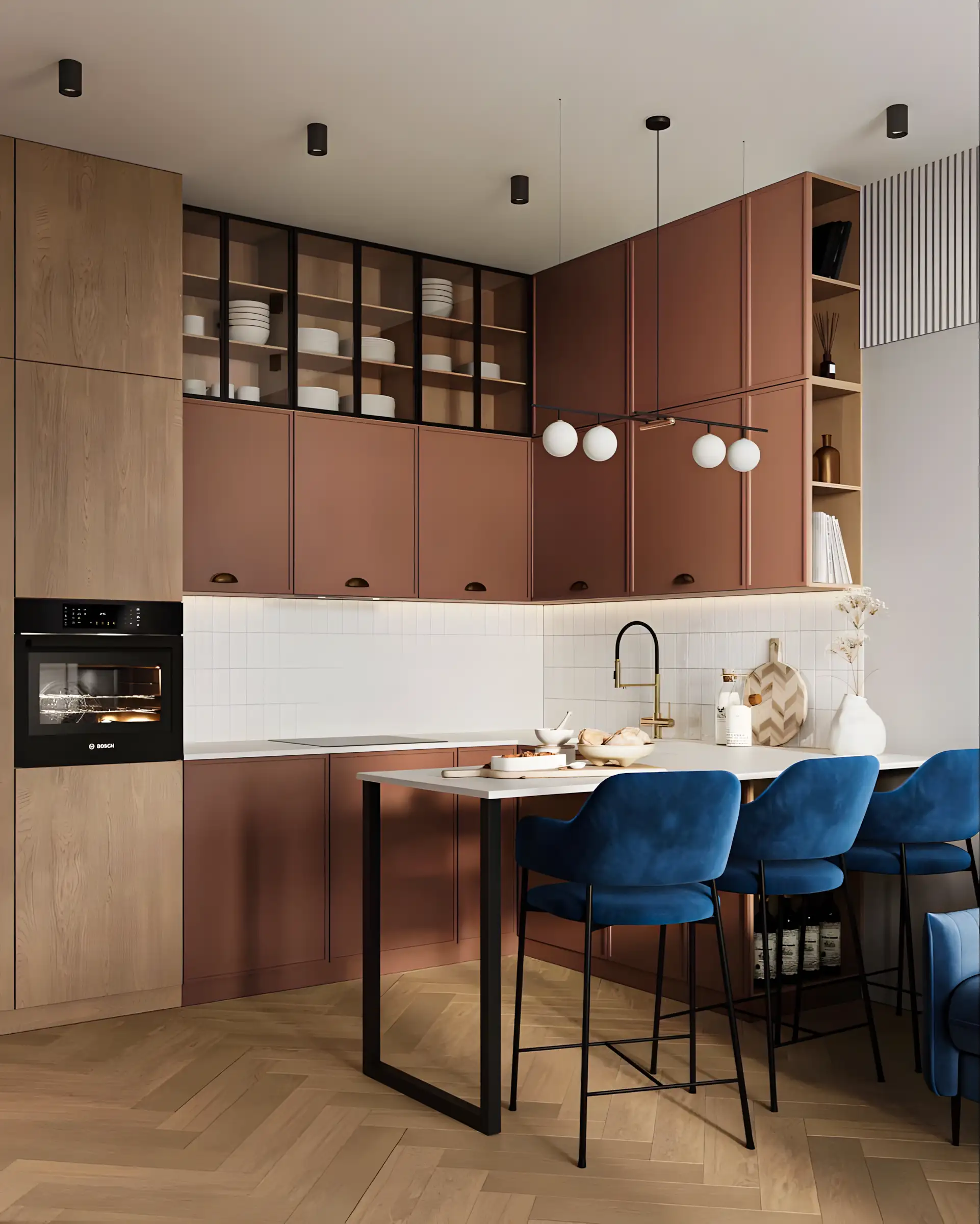 Elegant Modern Kitchen with Terracotta Cabinets and Velvet Seating | Material Depot