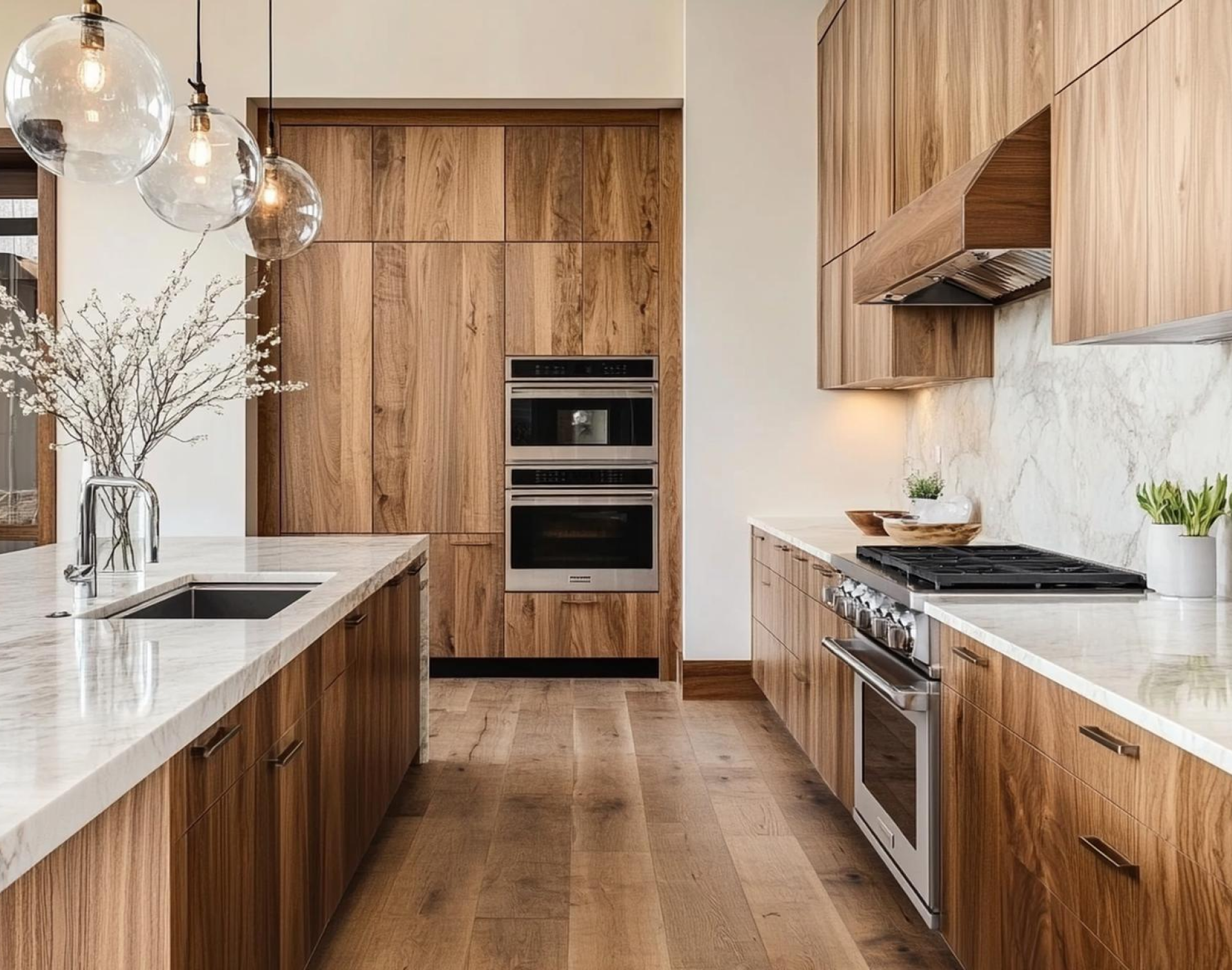 Elegant Modern Kitchen with Walnut Cabinets and Marble Countertops | Material Depot