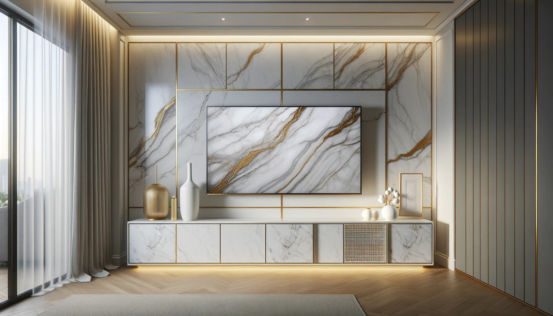 Elegant Modern Space with Golden-Hued Marble and Soft Lighting | Material Depot