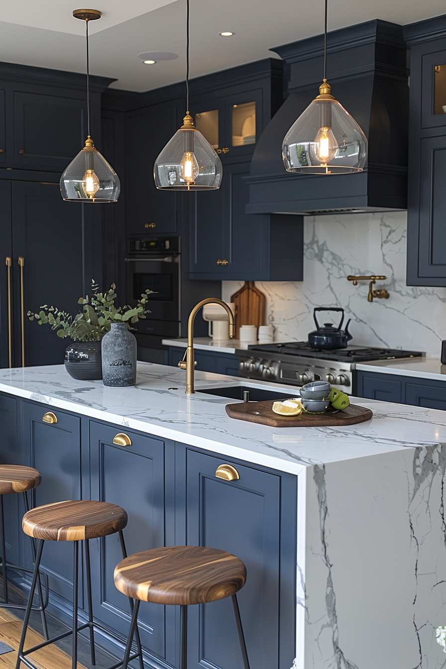 Elegant Simplicity: Modern Kitchen with Dark Blue Cabinetry | Material Depot