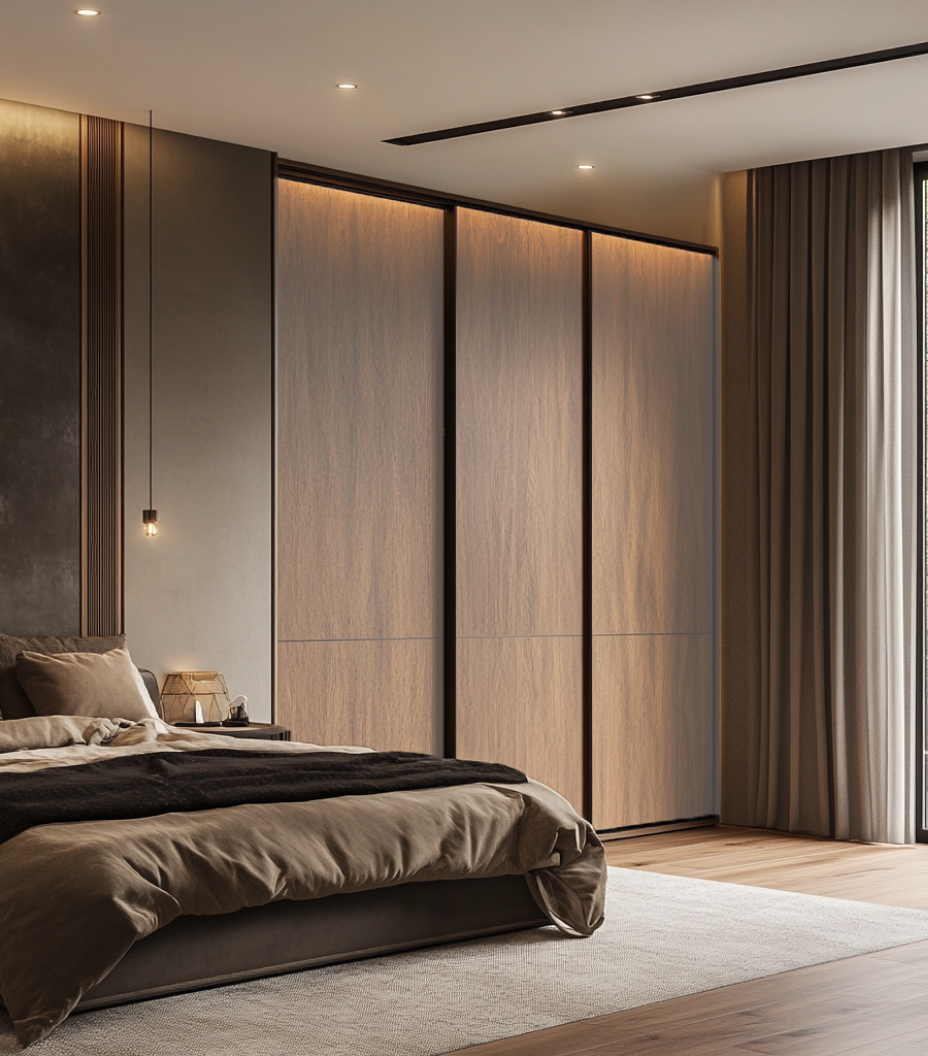 Elegant Sliding Wooden Laminate Wardrobe for Modern Bedroom Design | Material Depot