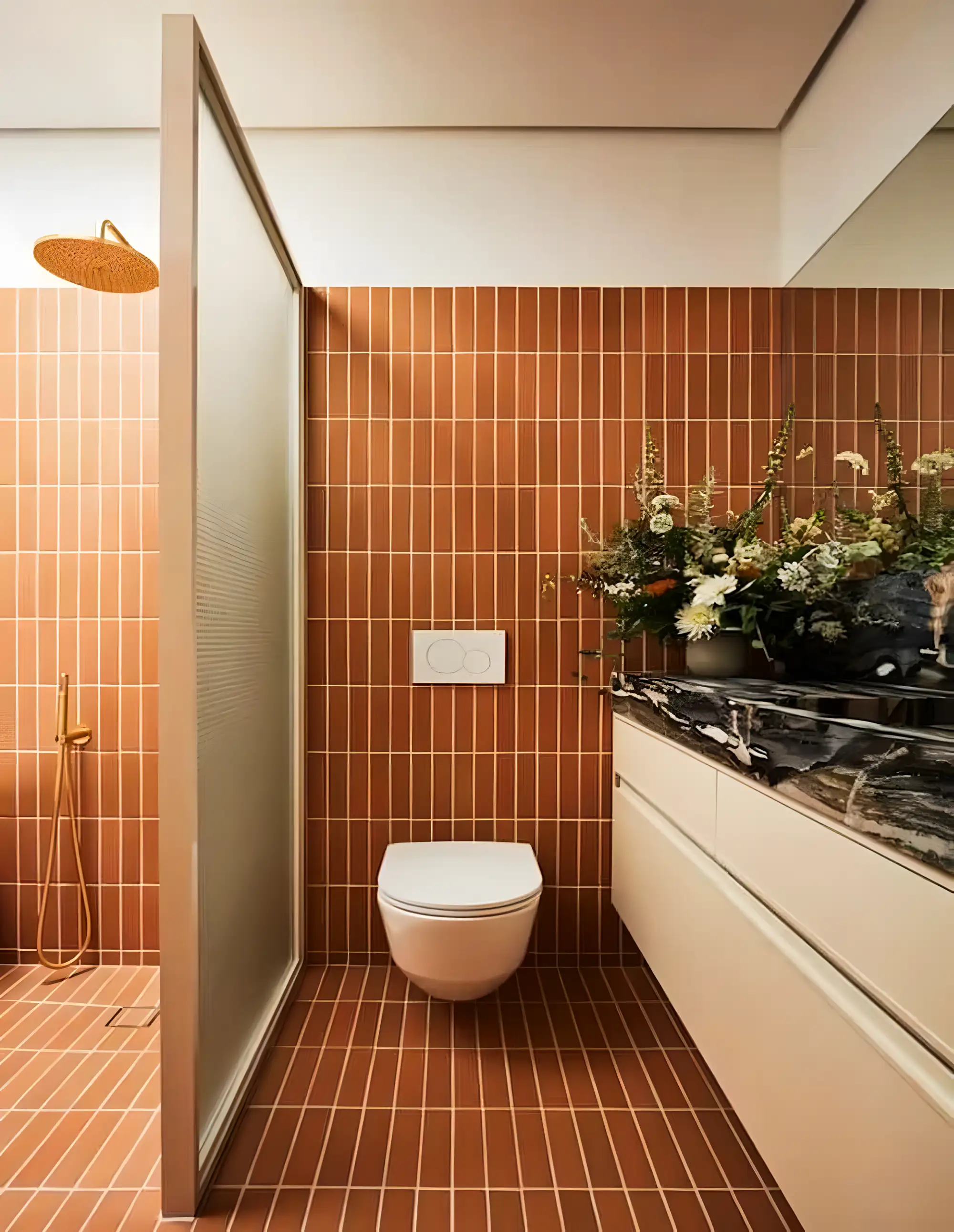 Elegant Small Bathroom With Red Subway  Wall Tile Finish | Material Depot