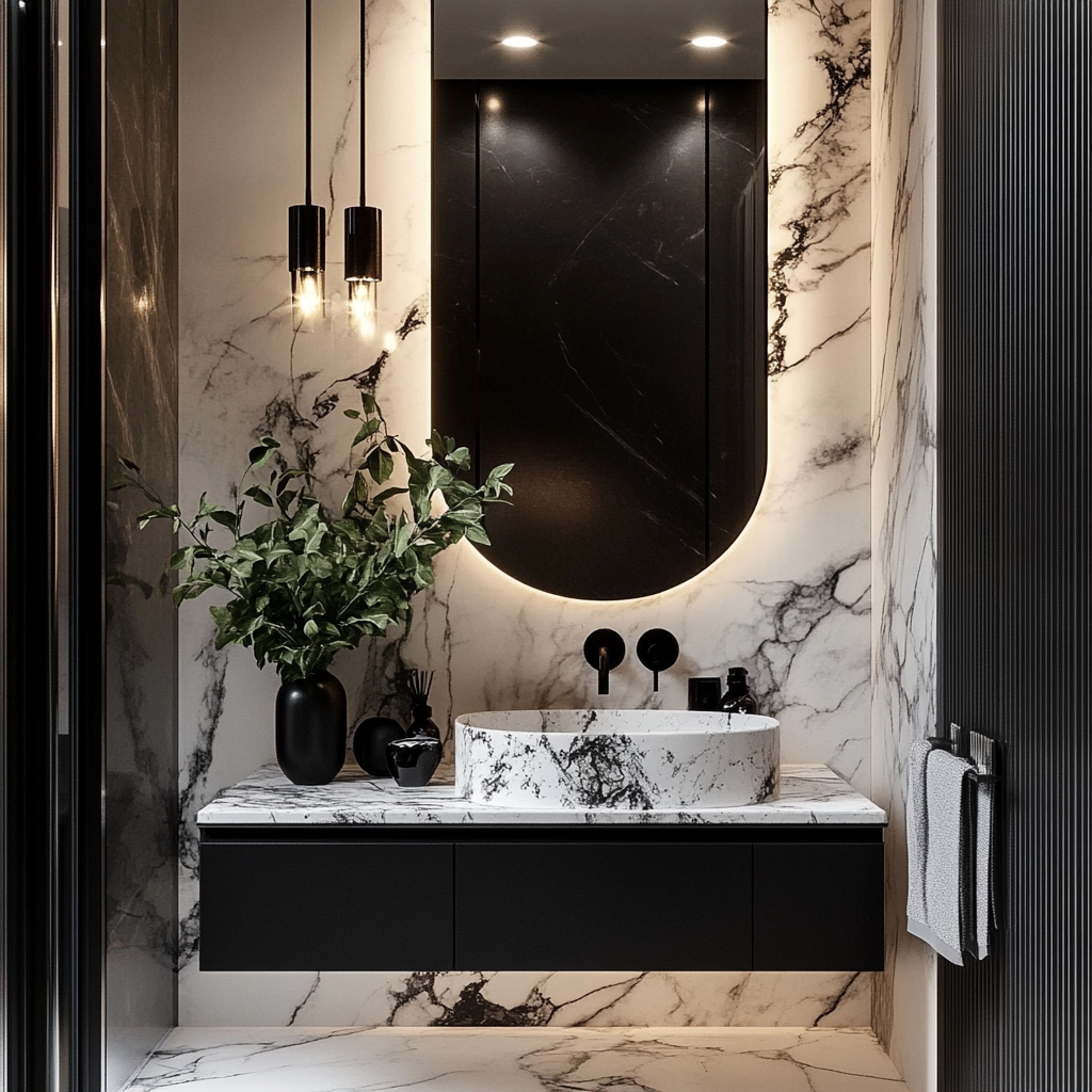 Elegant Symphony: Luxurious Marble Bathroom with Sophisticated Lighting and Plant Accents | Material Depot