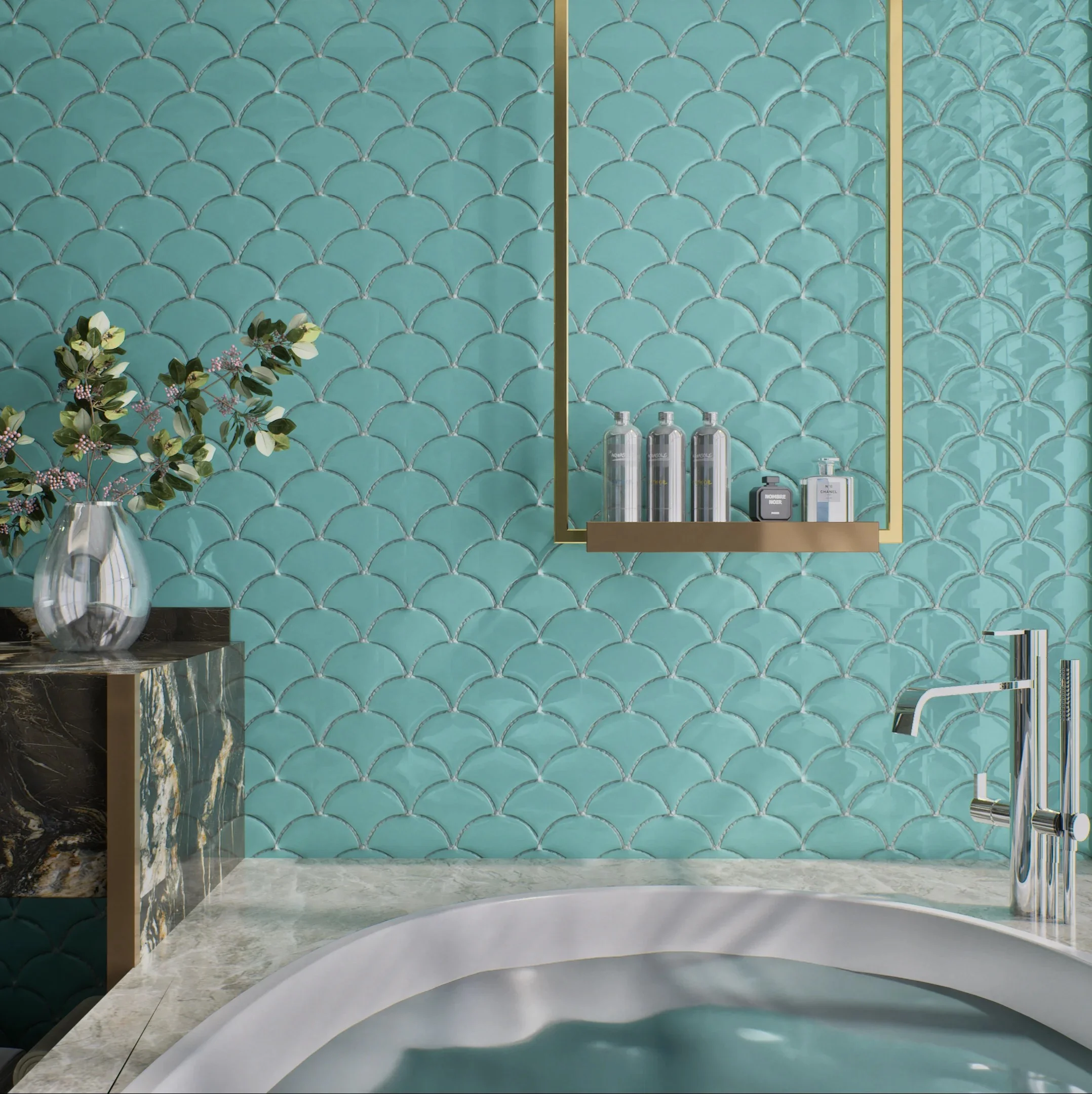 Elegant Turquoise Fish Scale Tile Bathroom | Material Depot