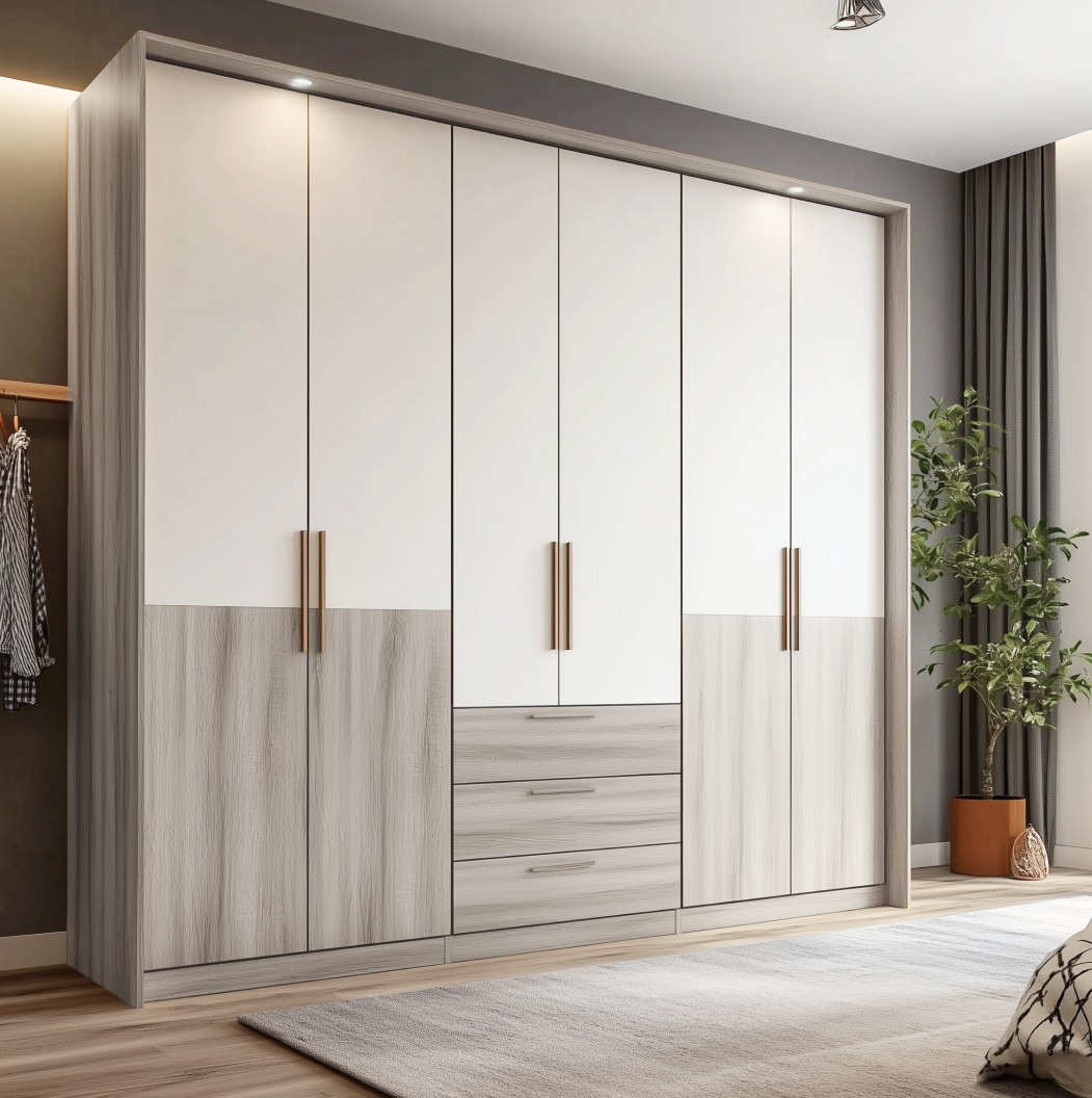 Elegant Two-Tone Wooden Laminate Wardrobe for Modern Bedroom | Material Depot