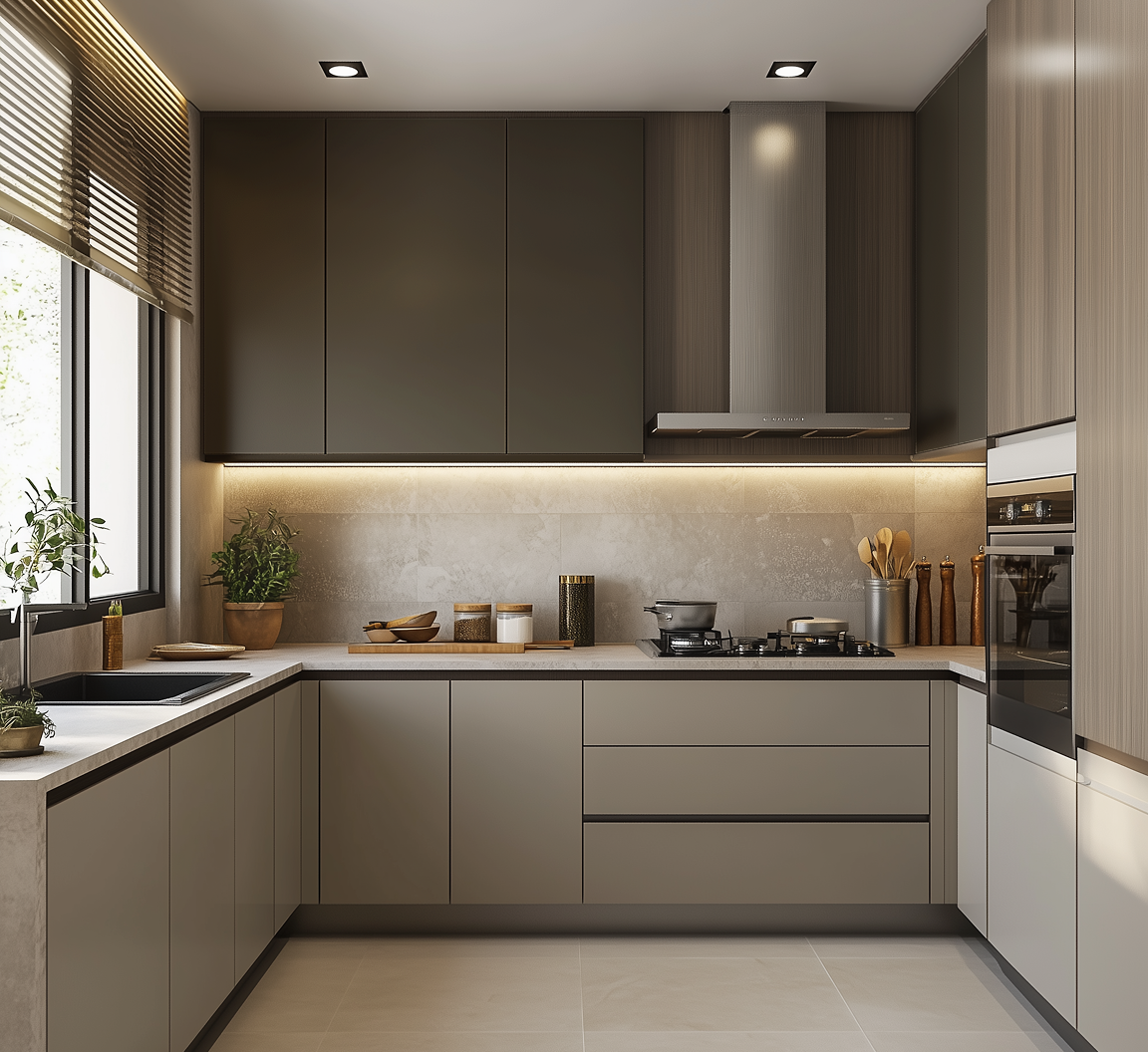 Elegant U-Shaped Kitchen with Matte Finish Cabinets | Material Depot