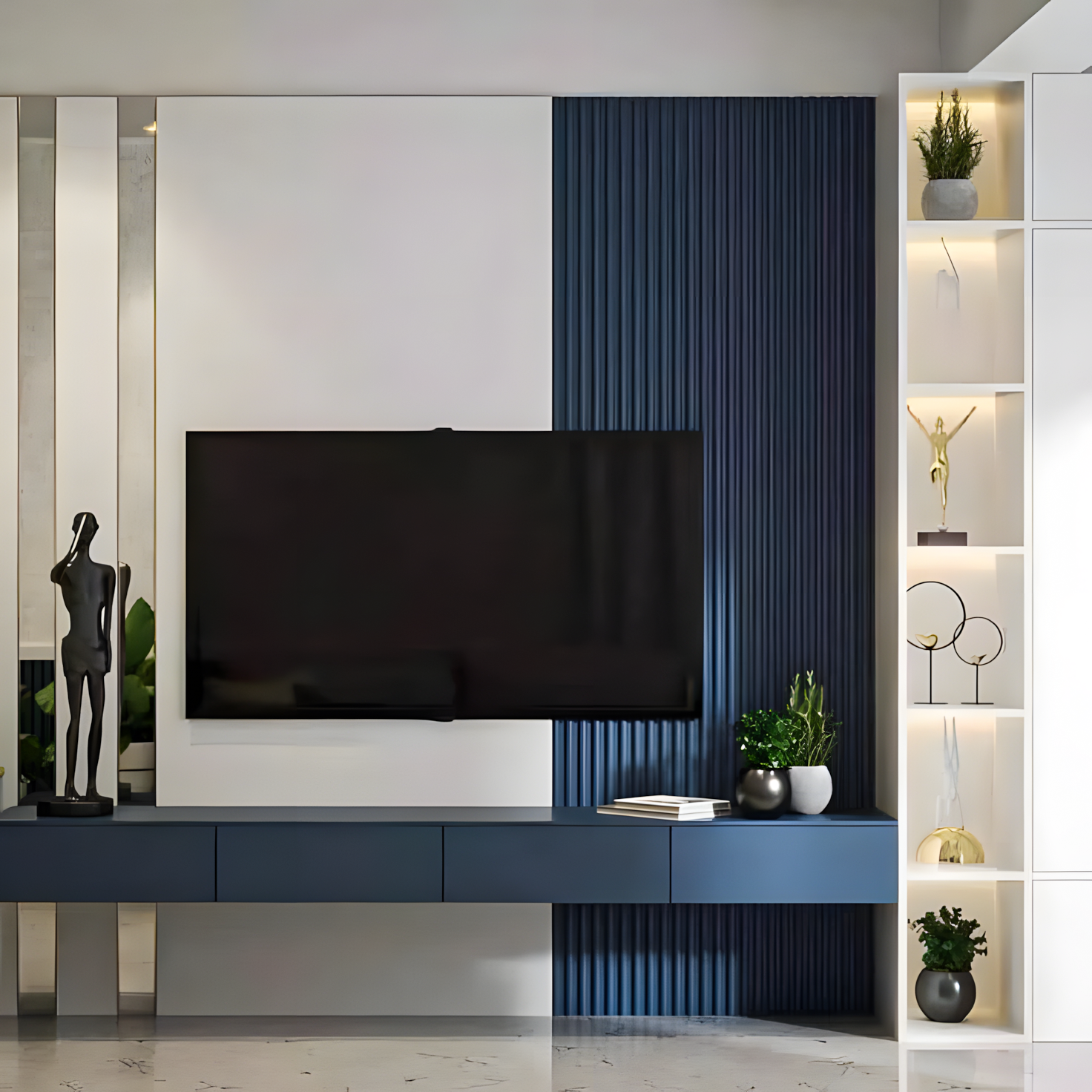 Blue Themed classy TV Unit Design | Material Depot