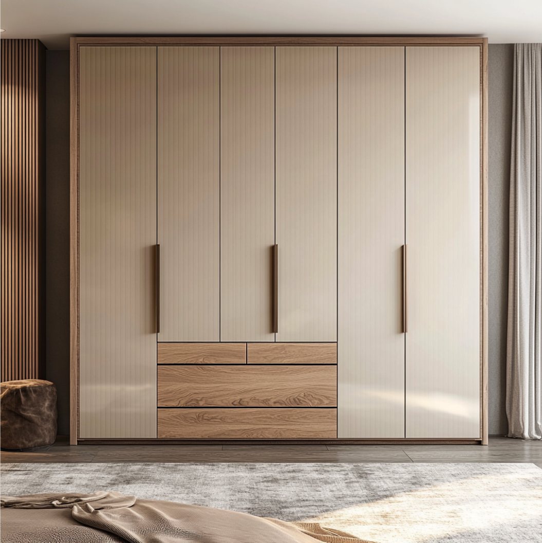 Elegant Wardrobe with Fluted Acrylic Panels and Wooden Drawer Accents | Material Depot