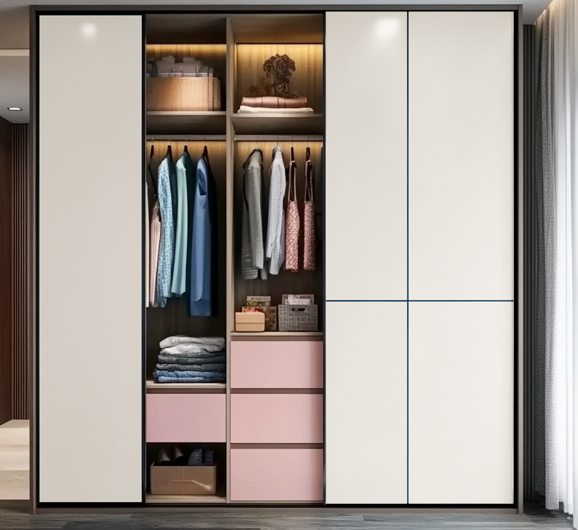 Elegant White and Pink Laminate Sliding Wardrobe for a Stylish Bedroom | Material Depot