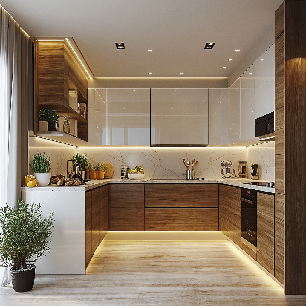 Elegant Wooden and White Kitchen with Warm Accents | Material Depot