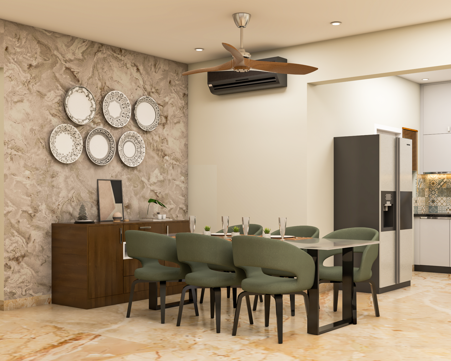 DIning area with patterned beige flooring and wooden laminate cabinets