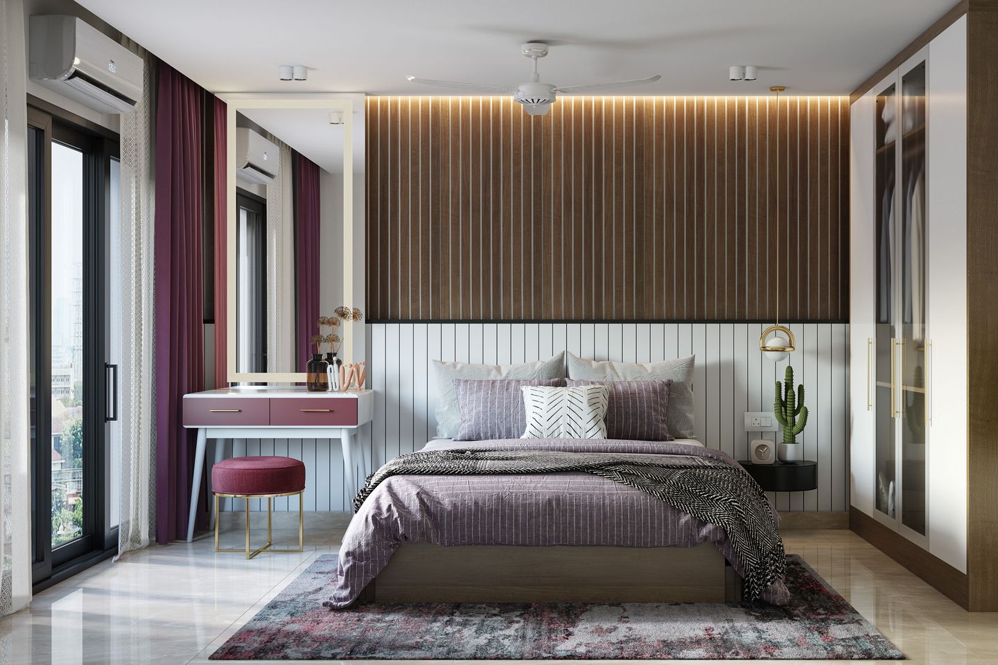 Bedroom with dual-toned striped wall, comfy bed, mirror, and rug, creating a serene and sophisticated retreat.