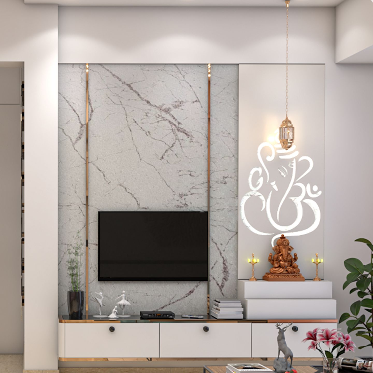 Eco-friendly TV unit with Ganesh wall art, brass accents, and stylish lighting