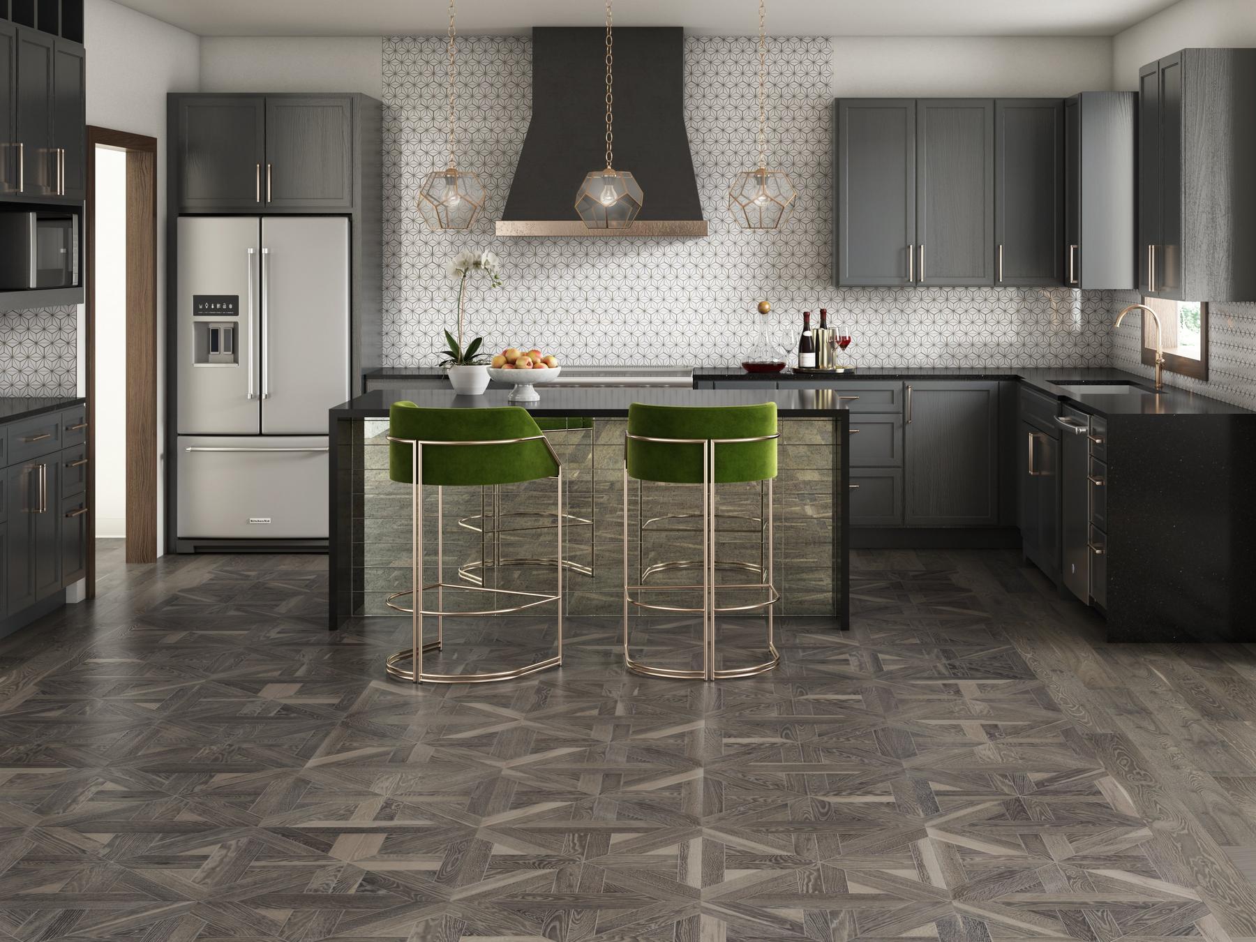 Kitchen countertop with patterned wooden flooring