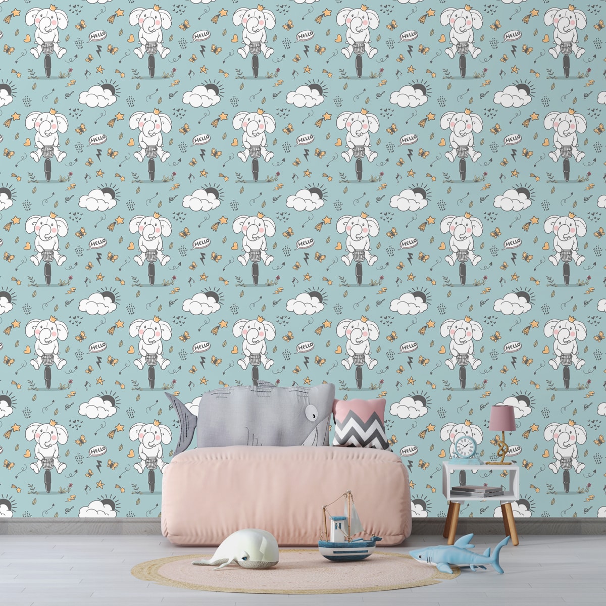 A close-up of a Cute Elephant Cycling Children Bedroom Wallpaper, Green Sparkla N Shine Series Entertainment Design (Customised Size Wallpaper) with a finish available at Material Depot in Bangalore