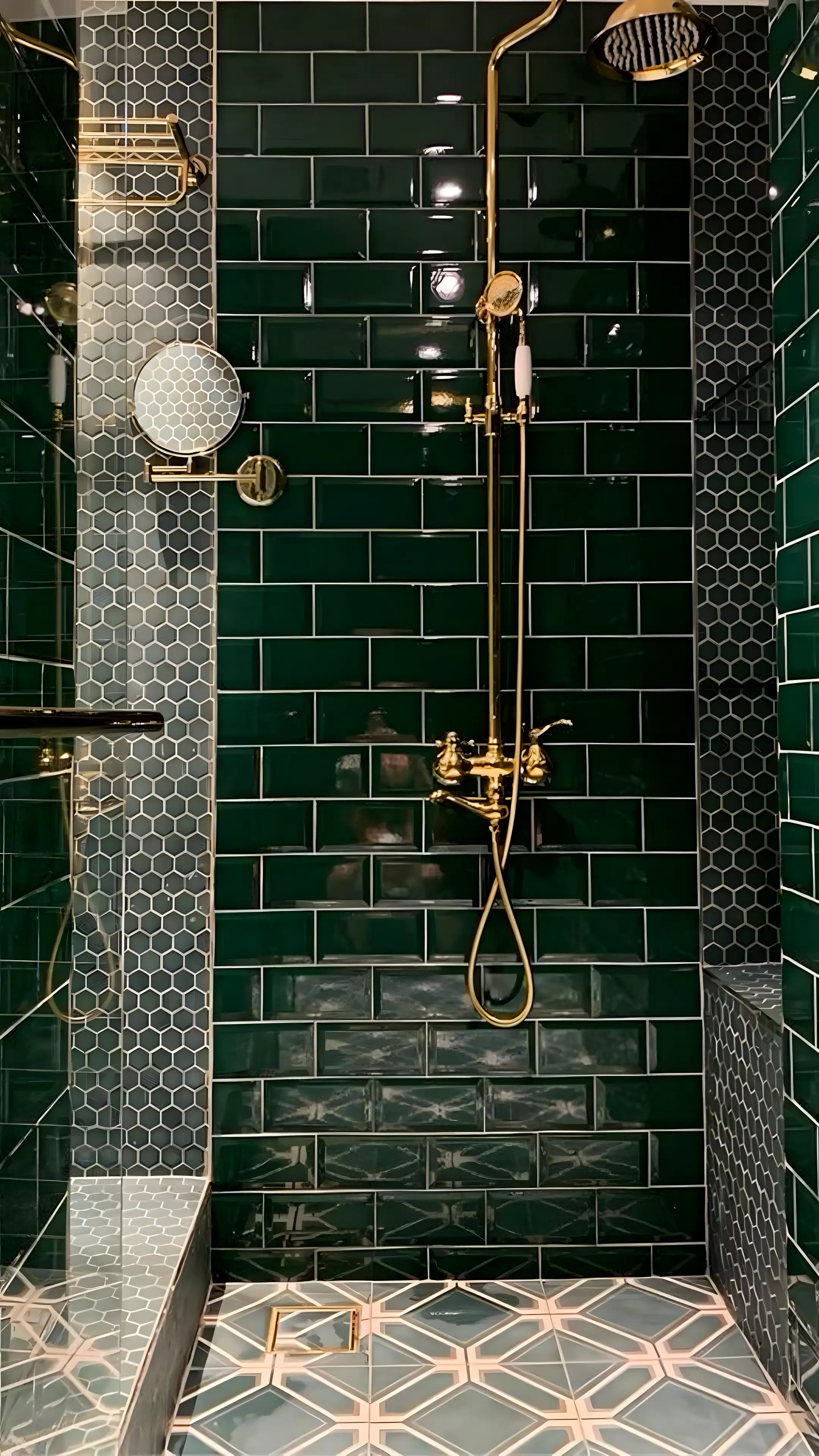 Bold Green Subway Tile Shower with Geometric Floor Accents | Material Depot