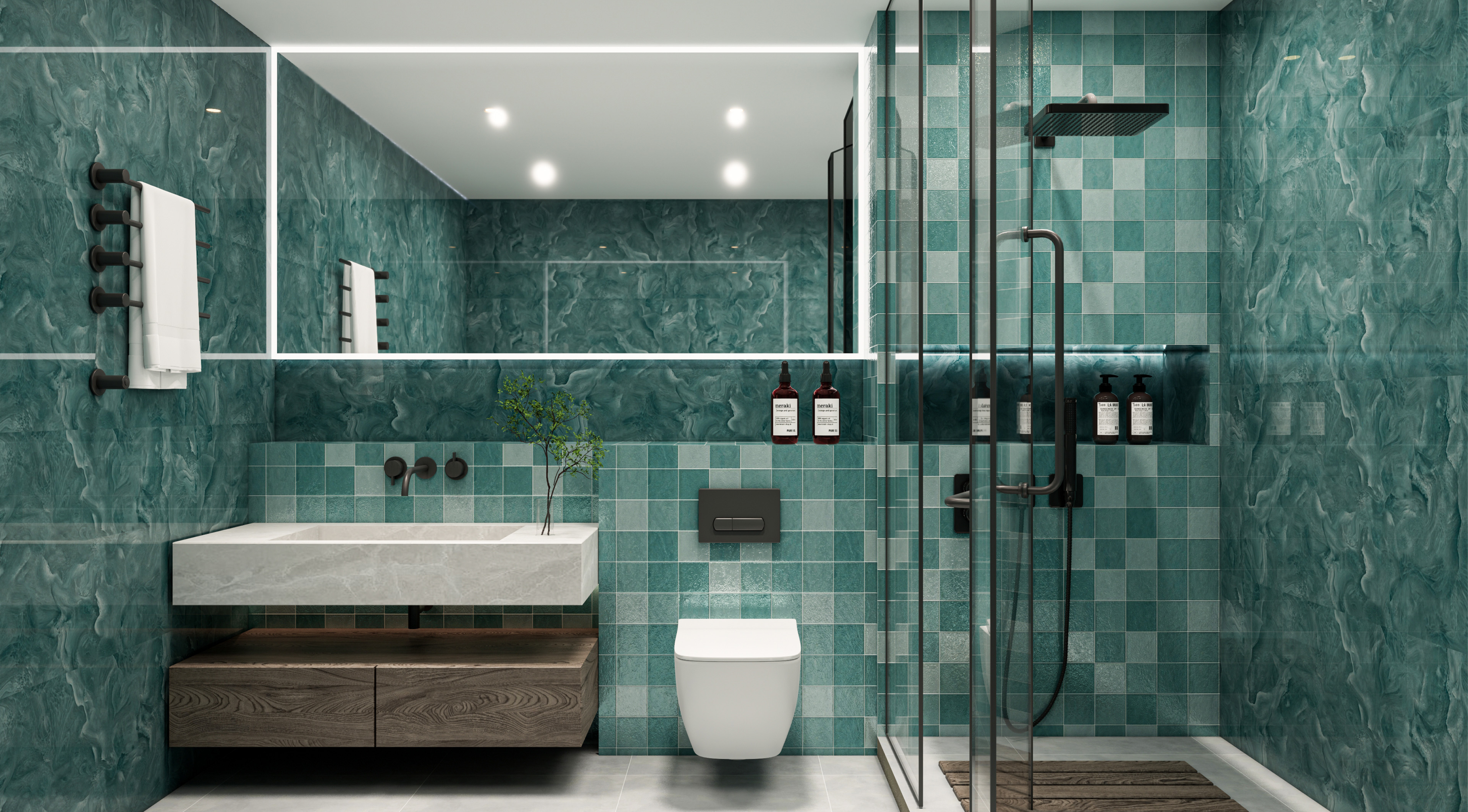 Emerald Green Bathroom with Textured Tiles and Sleek Accents | Material Depot