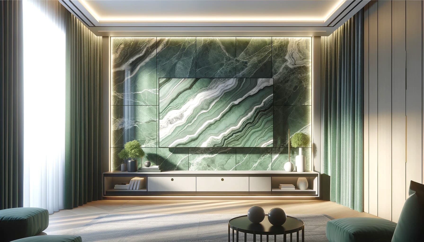 Emerald Marble Wall Feature in a Crisp Modern Living Space | Material Depot