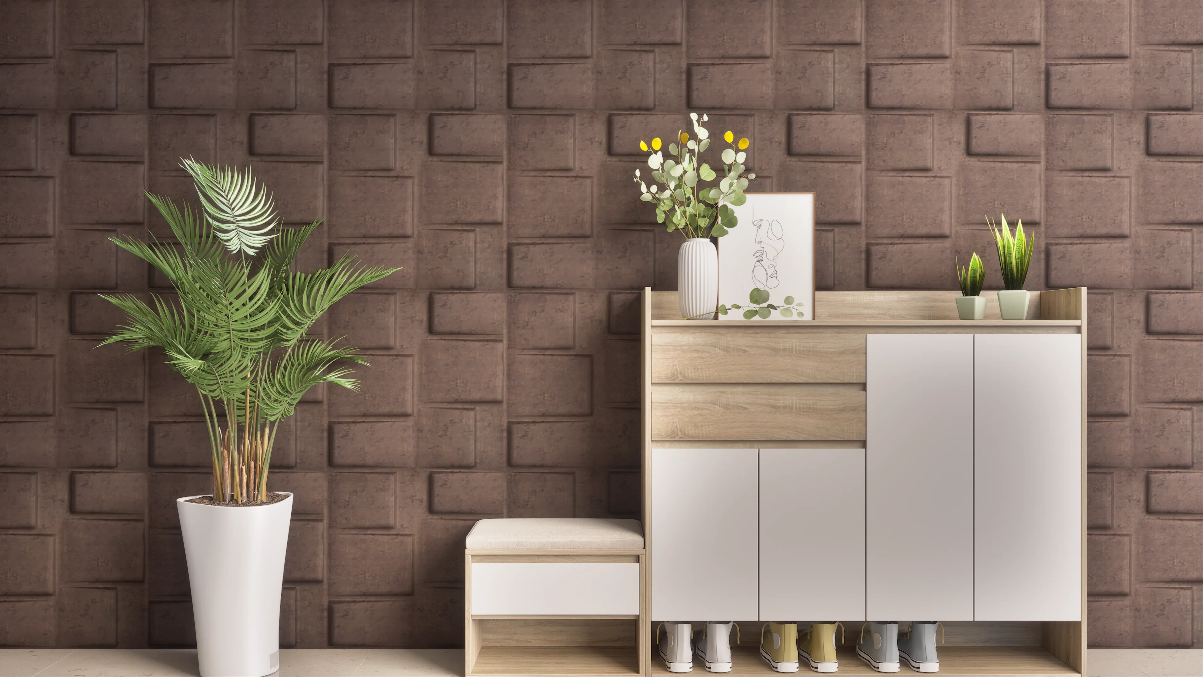 Entryway with 3D Wall Panels and Shoe Rack | Material Depot