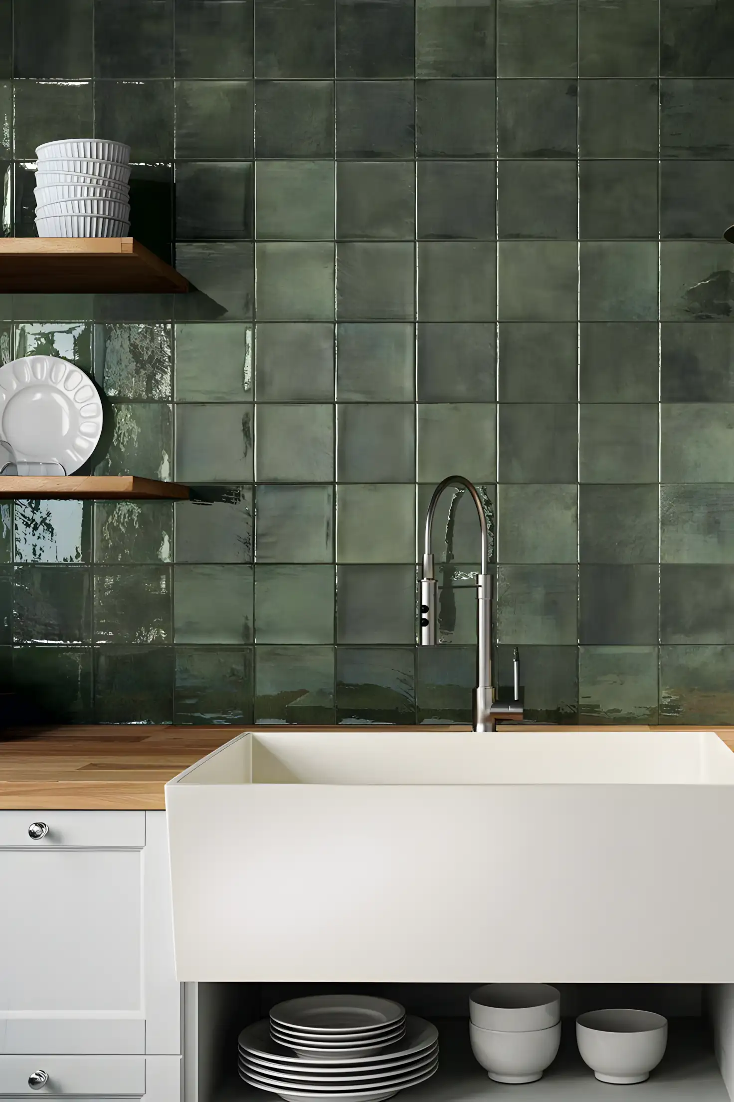 Farmhouse Sink with Green Square Tile Backsplash | Material Depot