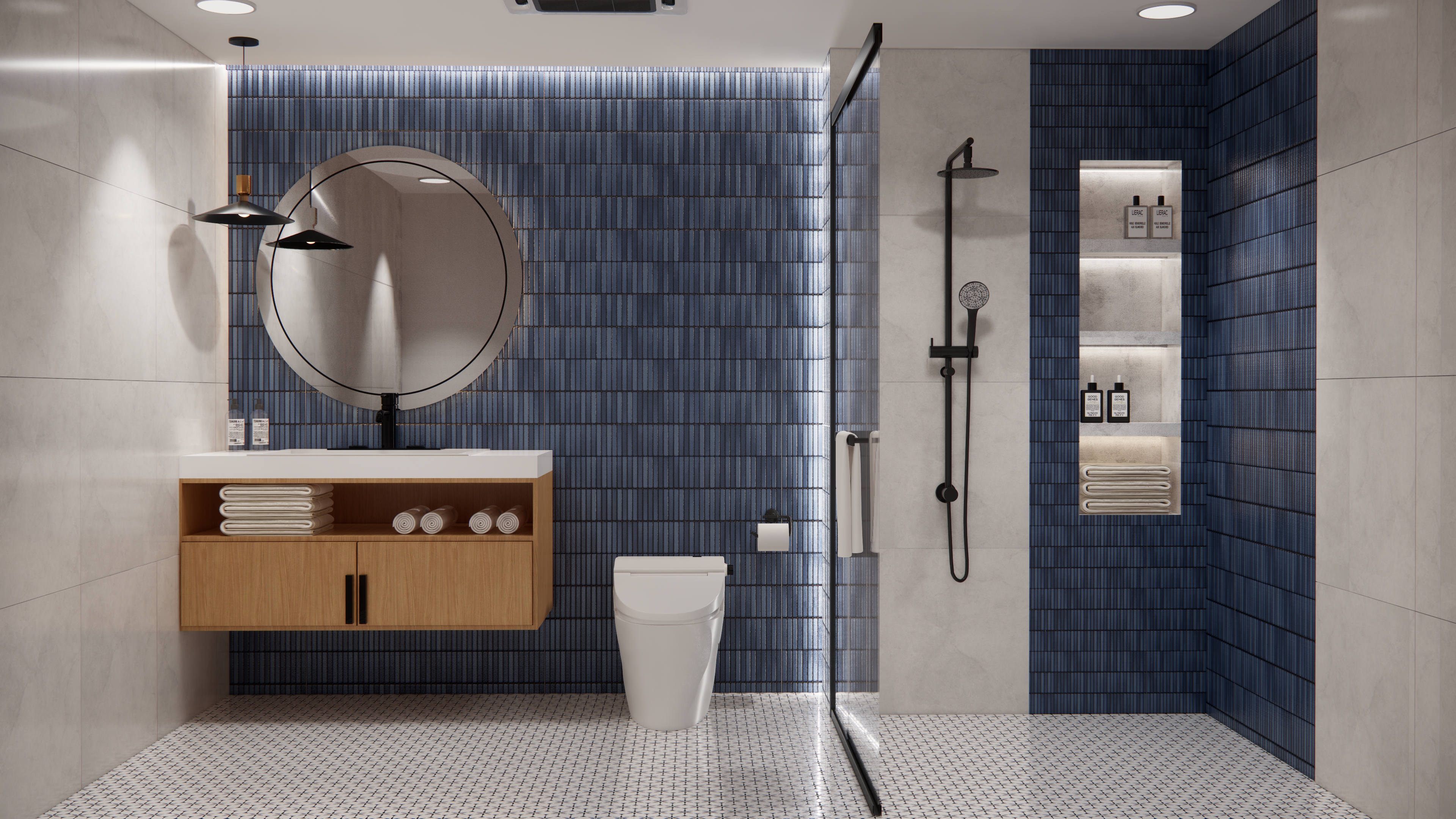 Elegant Bathroom with Bold Blue Subway Tiles and Subtle Geometric Flooring | Material Depot