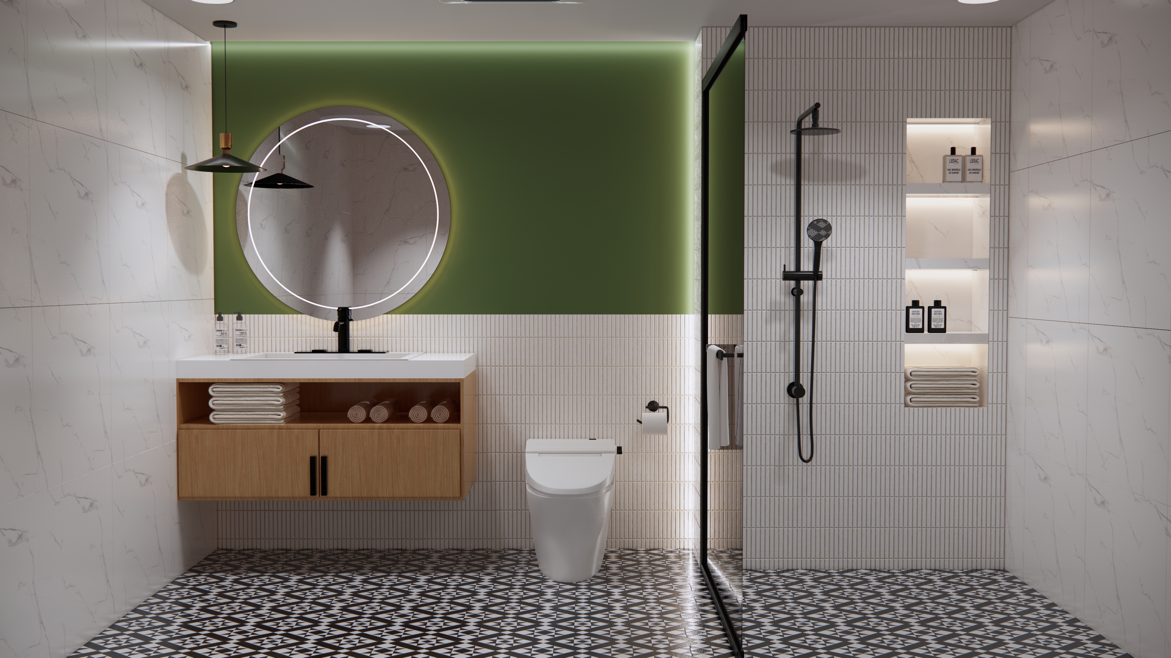 Modern Bathroom with Green Accent Wall and Geometric Flooring | Material Depot