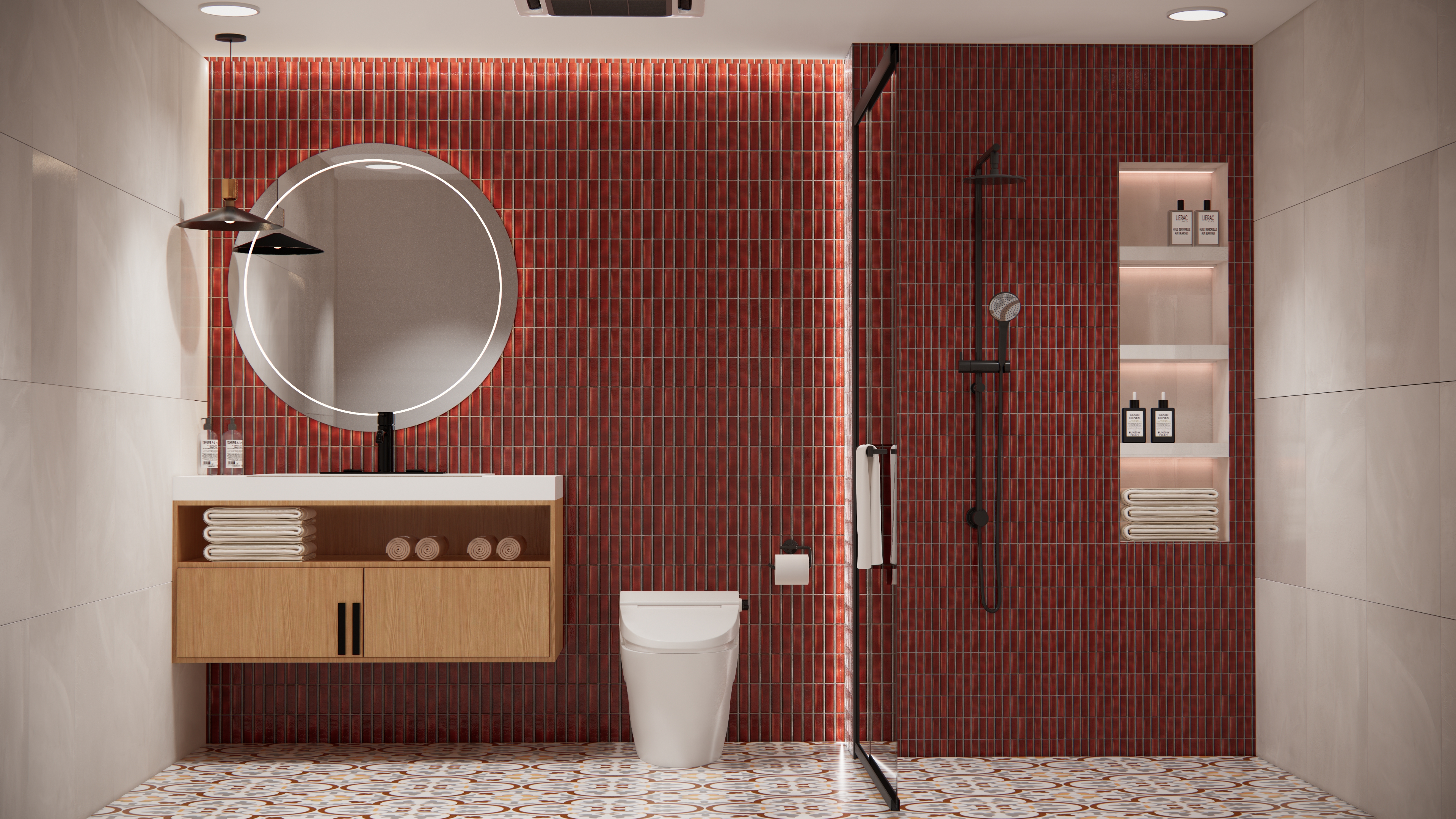 Bathroom with Bold Red Subway Tiles and Geometric Flooring | Material Depot