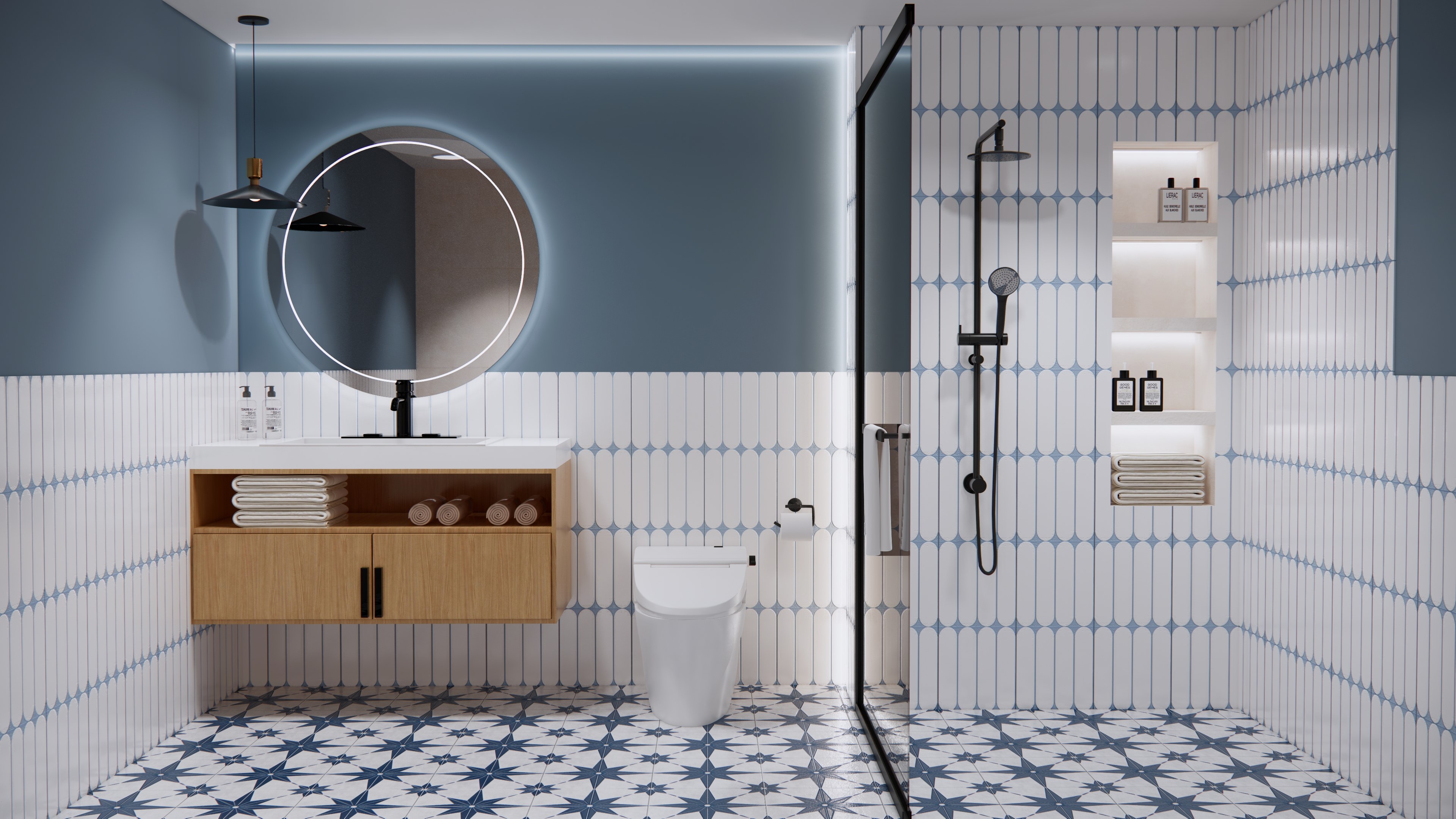 Blue and White Bathroom with Patterned Flooring and Sleek Accents | Material Depot