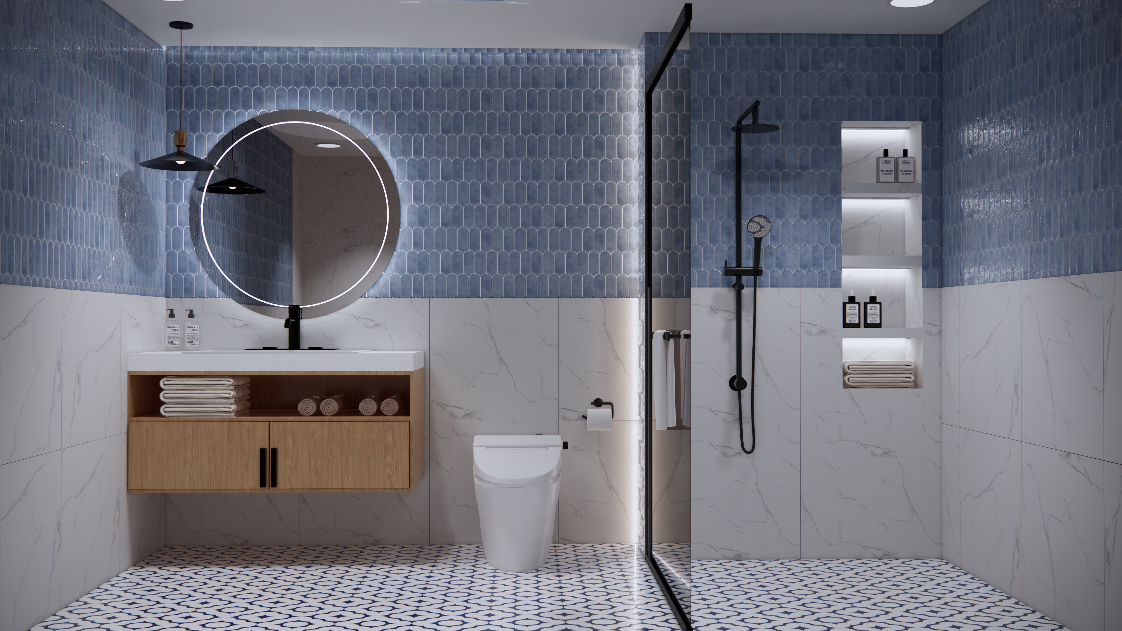 Modern Bathroom with Blue Scallop Tiles and Marble Accents | Material Depot